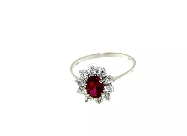 18k white gold flower ring oval red crystal and cubic zirconia frame