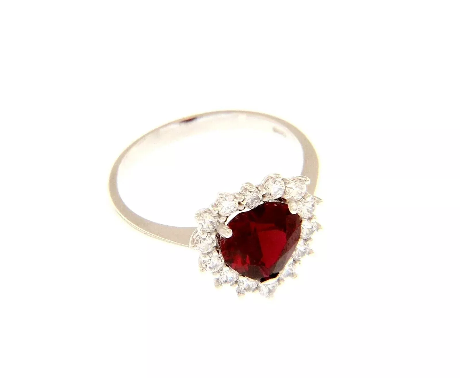 18k white gold heart ring with red recrystallized ruby and cubic zirconia frame