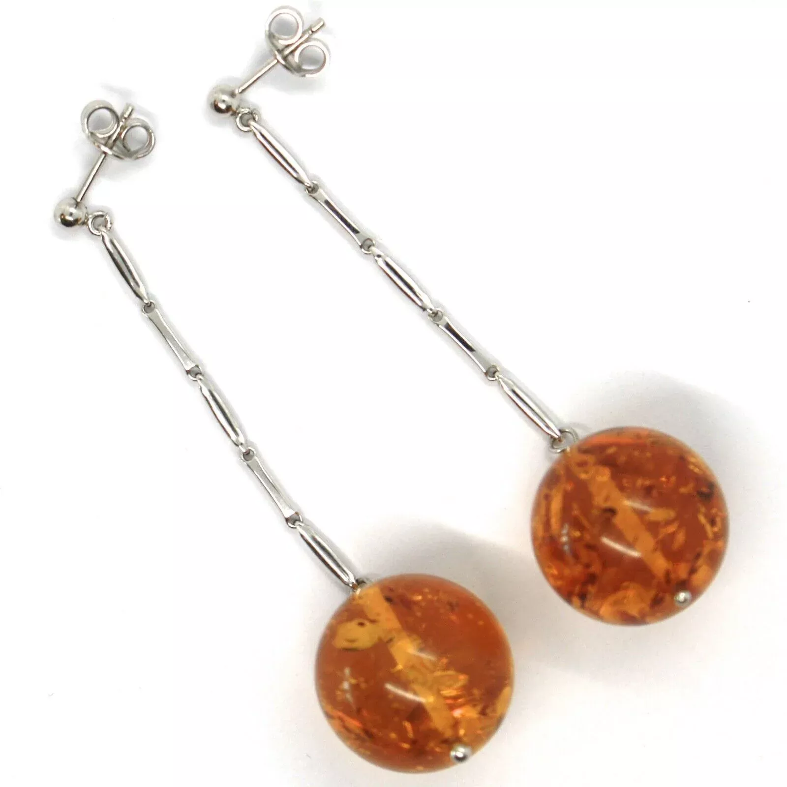 18k white gold long earrings, big orange amber 18 mm spheres, 2.7 inches