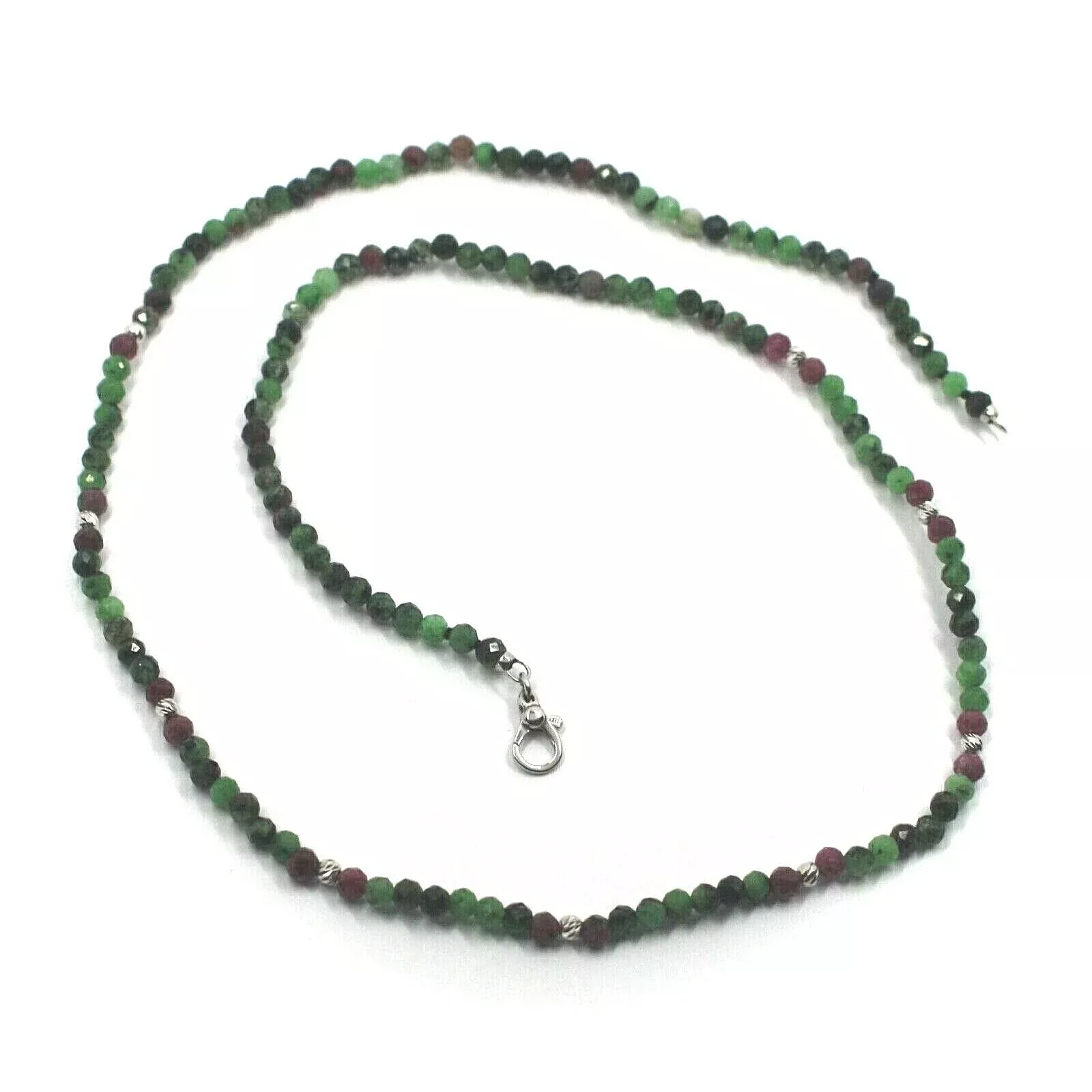 18k white gold necklace 18", faceted white spheres green zoisite red ruby 3.5mm