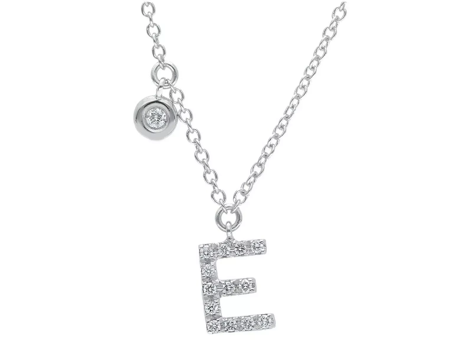18k white gold necklace, pendant mini initial letter E, 0.7 cm, 0.3", rolo