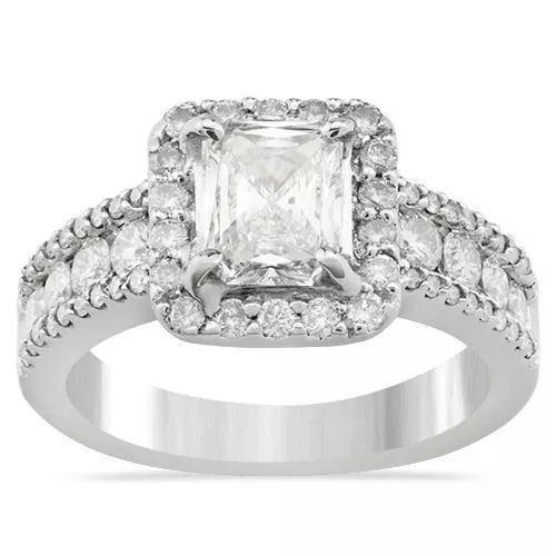 18k White Gold Radiant Cut Diamond Engagement Ring with Side Stones 1.5 Ctw