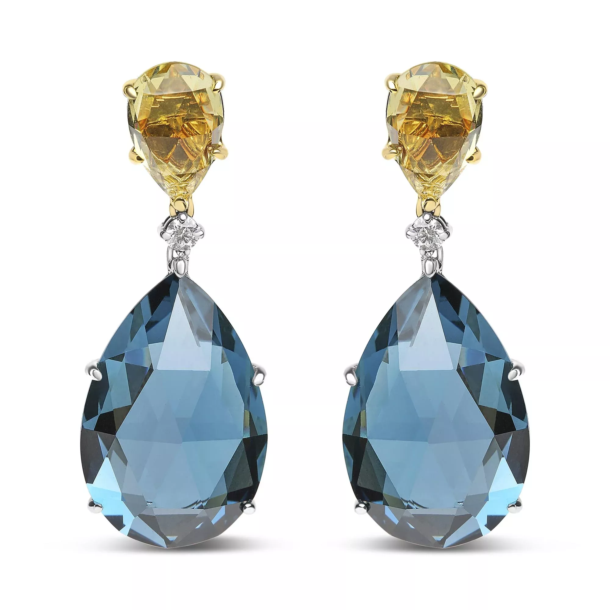 18K White and Yellow Gold 1/5 Cttw Diamond with Pear Cut Lemon Quartz and Pear Cut London Blue Topaz Gemstone Dangle Earring (G-H Color, SI1-SI2 Clarity)