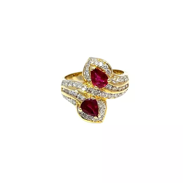 18K Yellow Gold 1.1Ctw Pear-Shaped Rubies & Diamonds Cocktail Ring