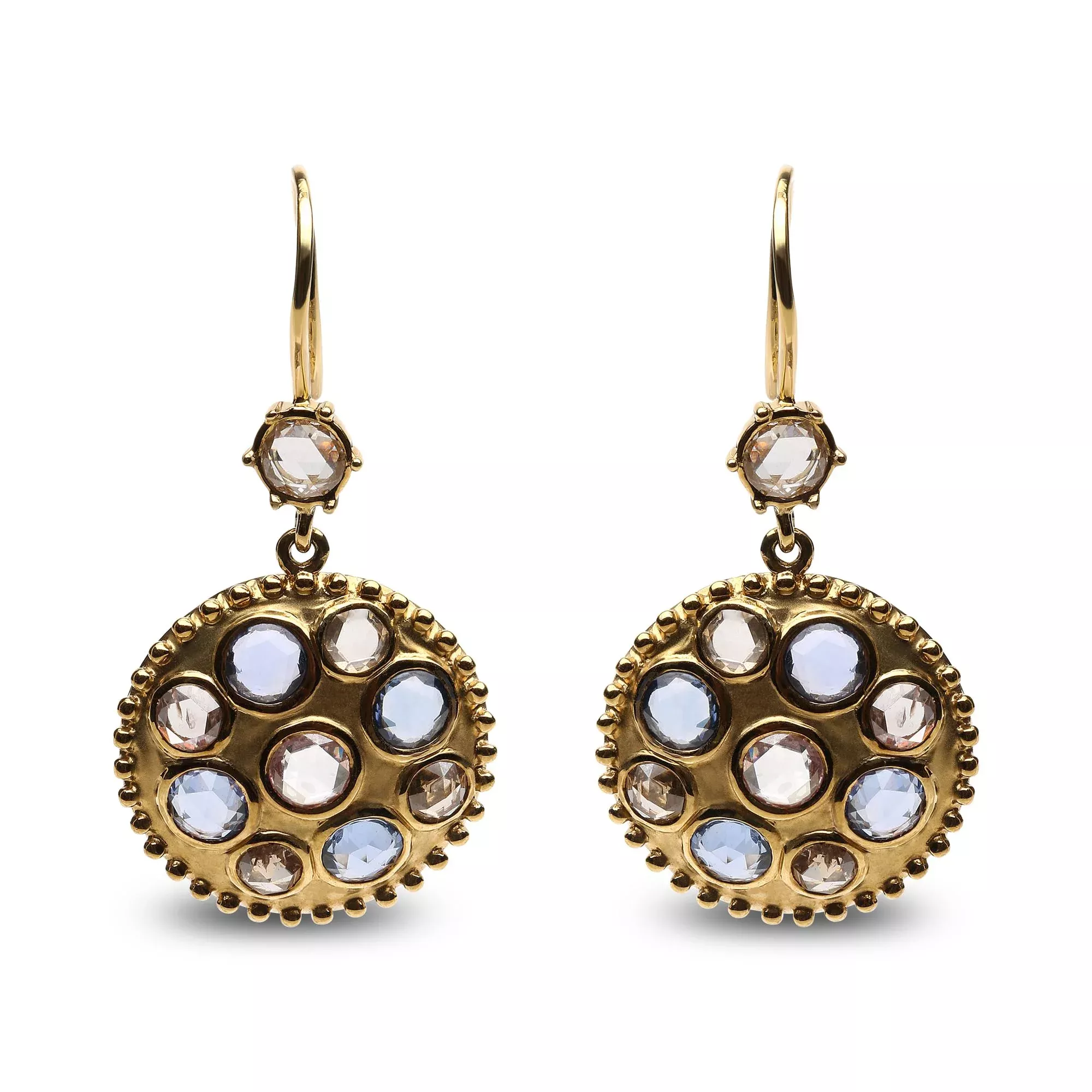 18K Yellow Gold 1 2/3 Cttw Diamond and Blue Sapphire Bezel Set Gemstone Cluster Medallion Dangle Earrings (Brown and G-H Color, SI1-SI2 Clarity)
