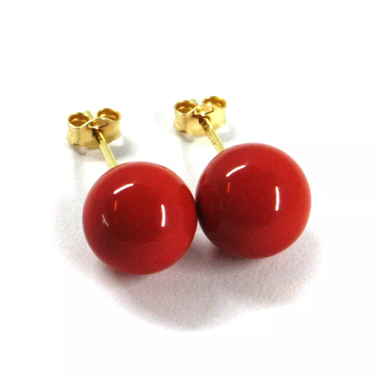 18k yellow gold 10mm big spheres intense red reconstructed coral button earrings