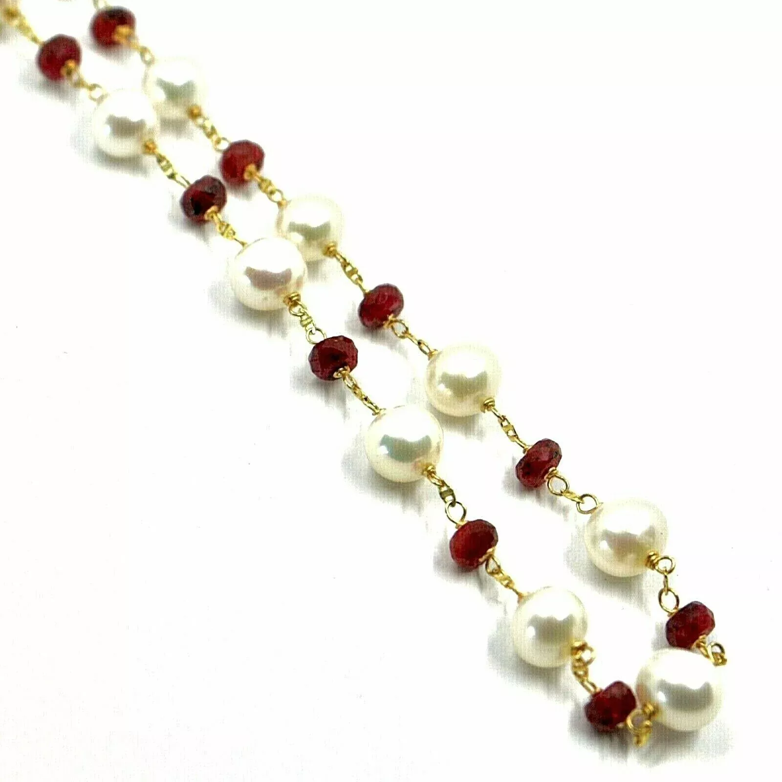 18K YELLOW GOLD 20" NECKLACE, ALTERNATE 4mm RED RUBY & WHITE FW 6.5mm PEALS