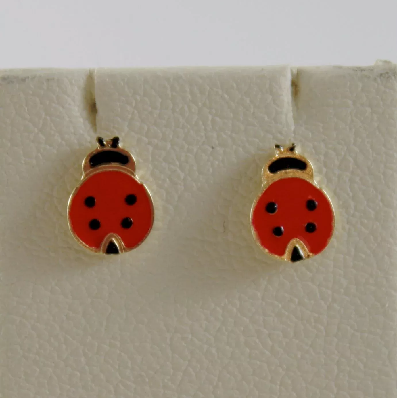 18k yellow gold child ladybird ladybug mini earrings glazed, flat, made in Italy