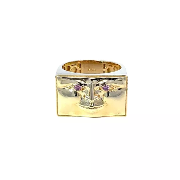 18k Yellow Gold Face Ring with Pink Diamond Eyes