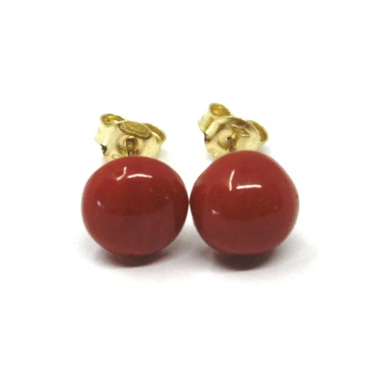 18k yellow gold half sphere red coral button earrings, 7.5 mm, 0.3 inches