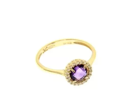 18K YELLOW GOLD RING CUSHION ROUND PURPLE AMETHYST AND CUBIC ZIRCONIA FRAME