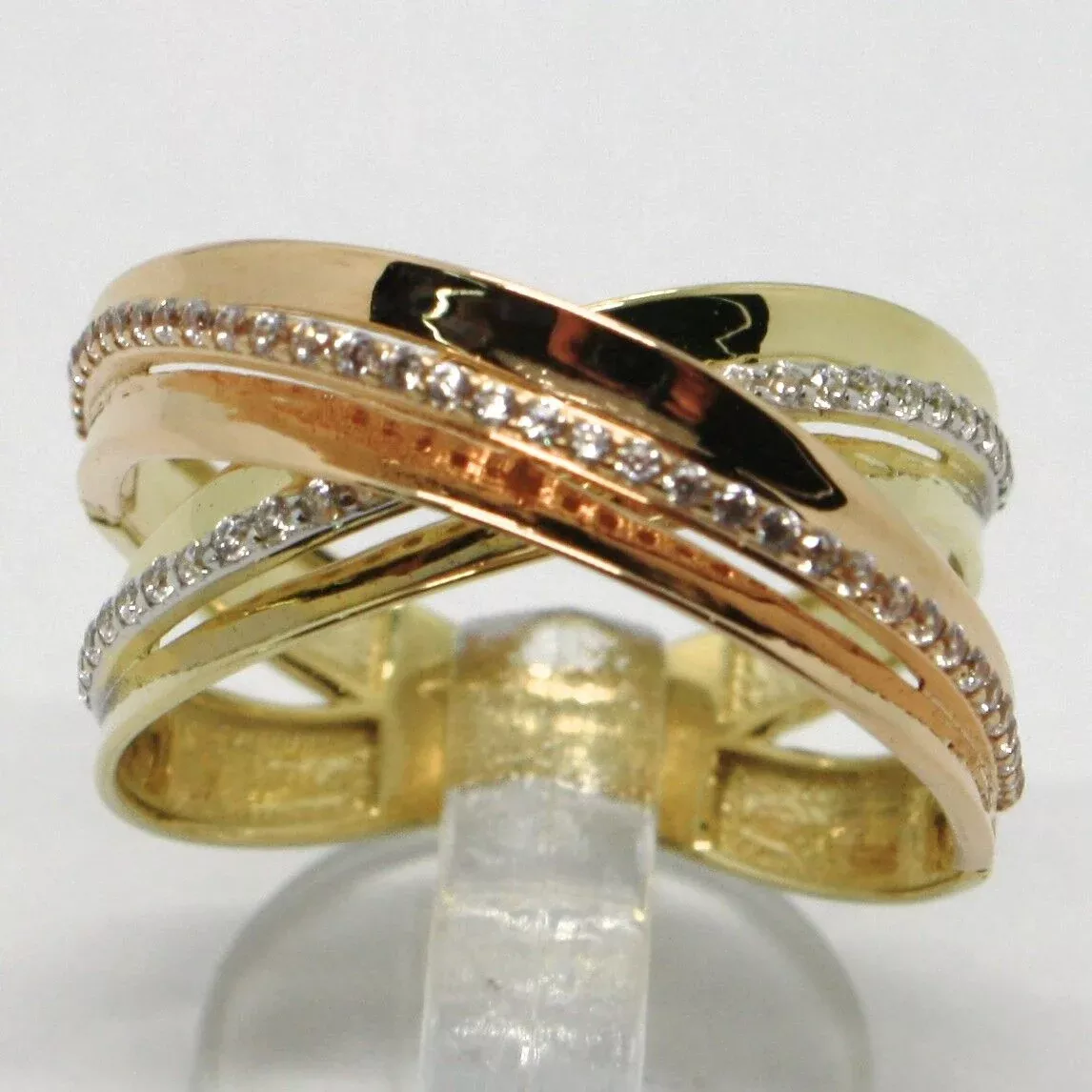 18k yellow & rose gold band ring finely twisted woven, zirconia