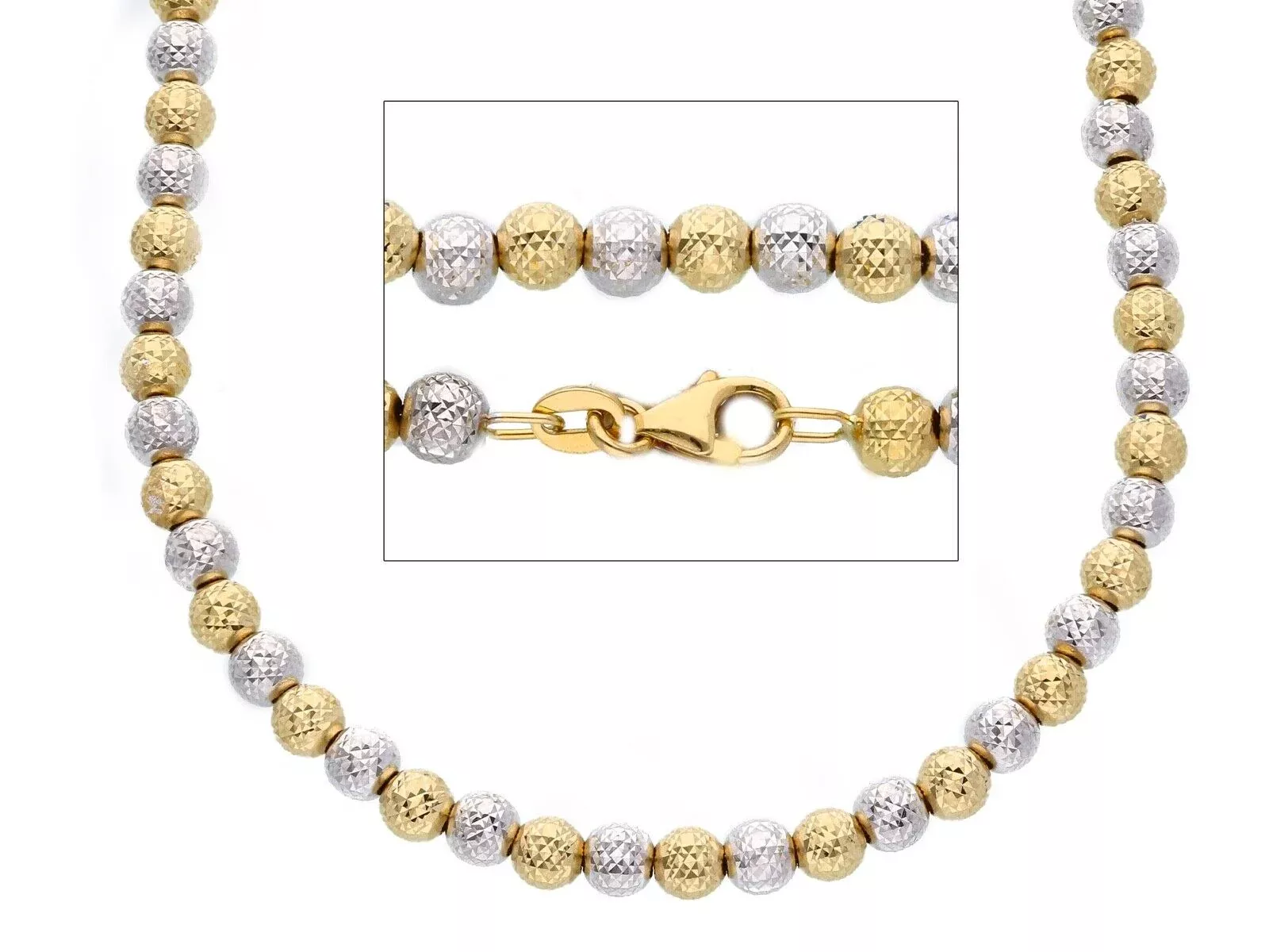 18K YELLOW WHITE GOLD BALLS CHAIN WORKED SPHERES 4mm DIAMOND CUT, 16", 40cm