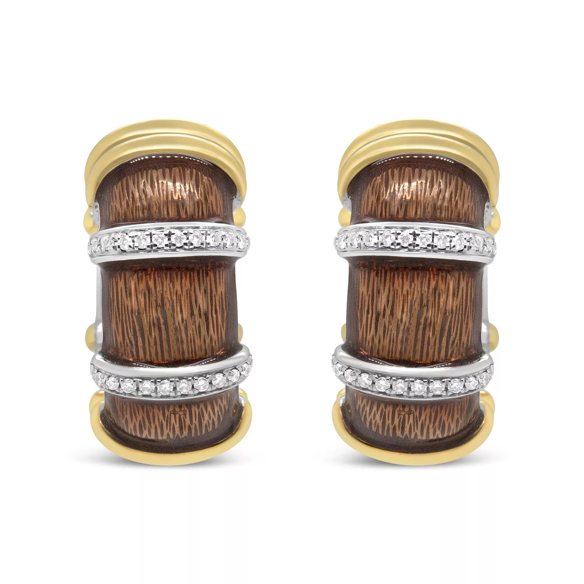 18K Yellow and White Gold Flash Plated .925 Sterling Silver Clear Brown Enamel 9/10 Cttw Round Diamonds Huggie Hoop Earrings (F-G Color, VS1-VS2 Clarity)