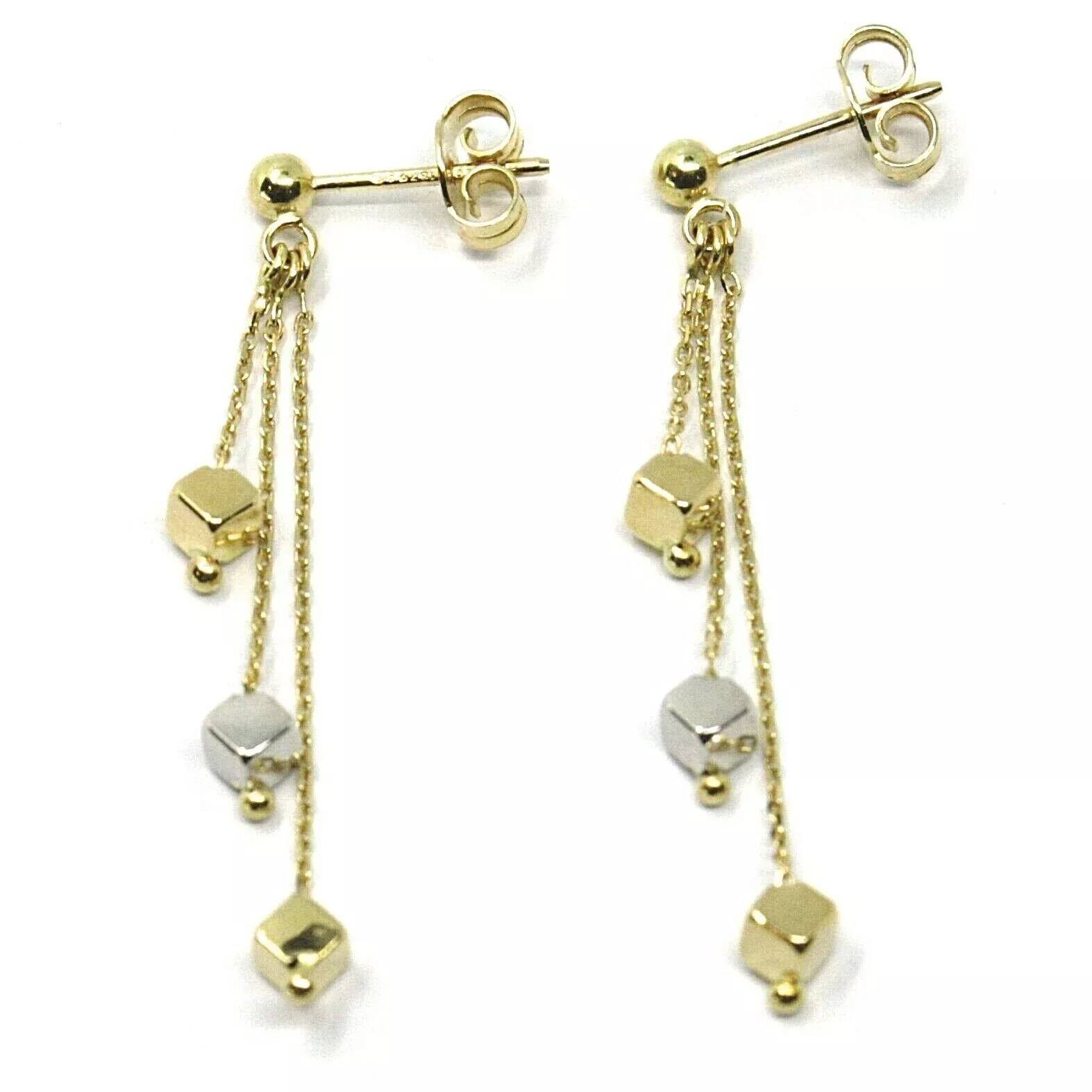 18K YELLOW WHITE GOLD LONG EARRINGS, THREE WIRES, SMALL CUBES, 4 cm