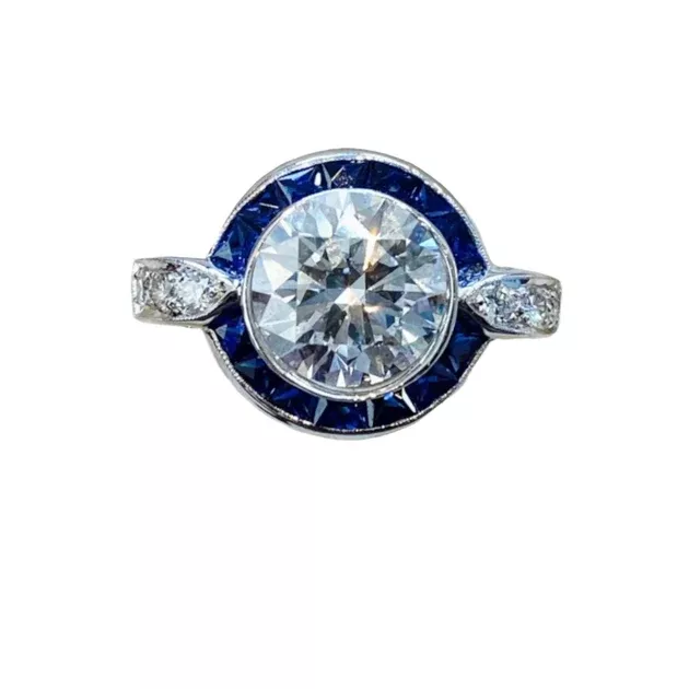 2.30 Carat Art Deco Style Sapphire Diamond Ring in 18K