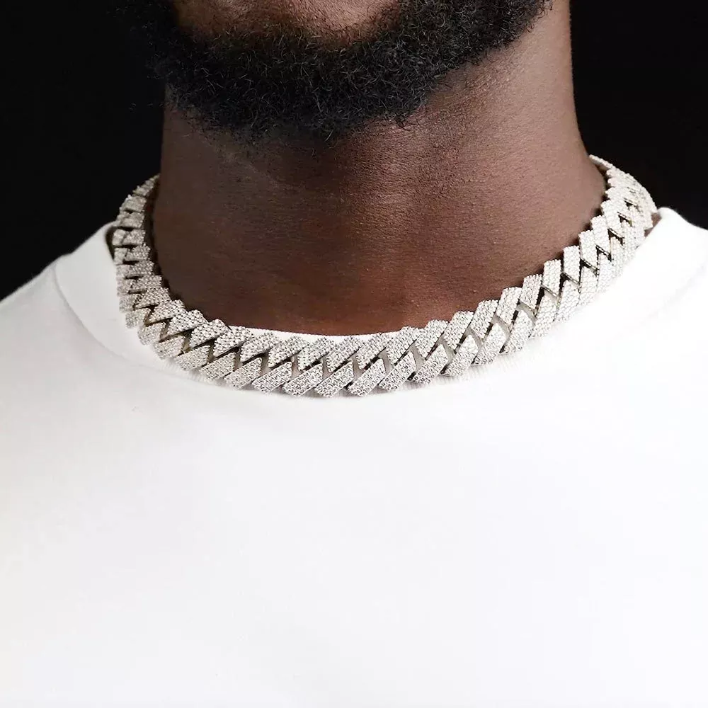 3 Row Diamond Cuban Link Chain White Gold 18mm