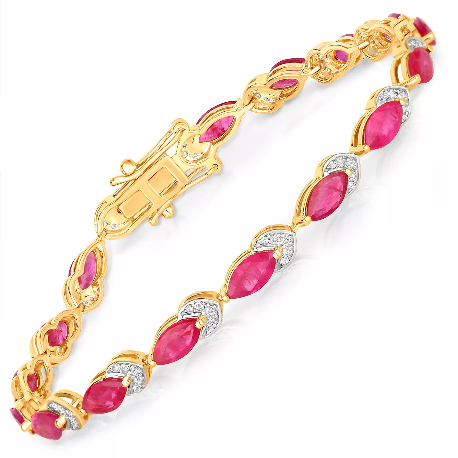 6.79 Carat Genuine Ruby and White Diamond 14K Yellow Gold Bracelet
