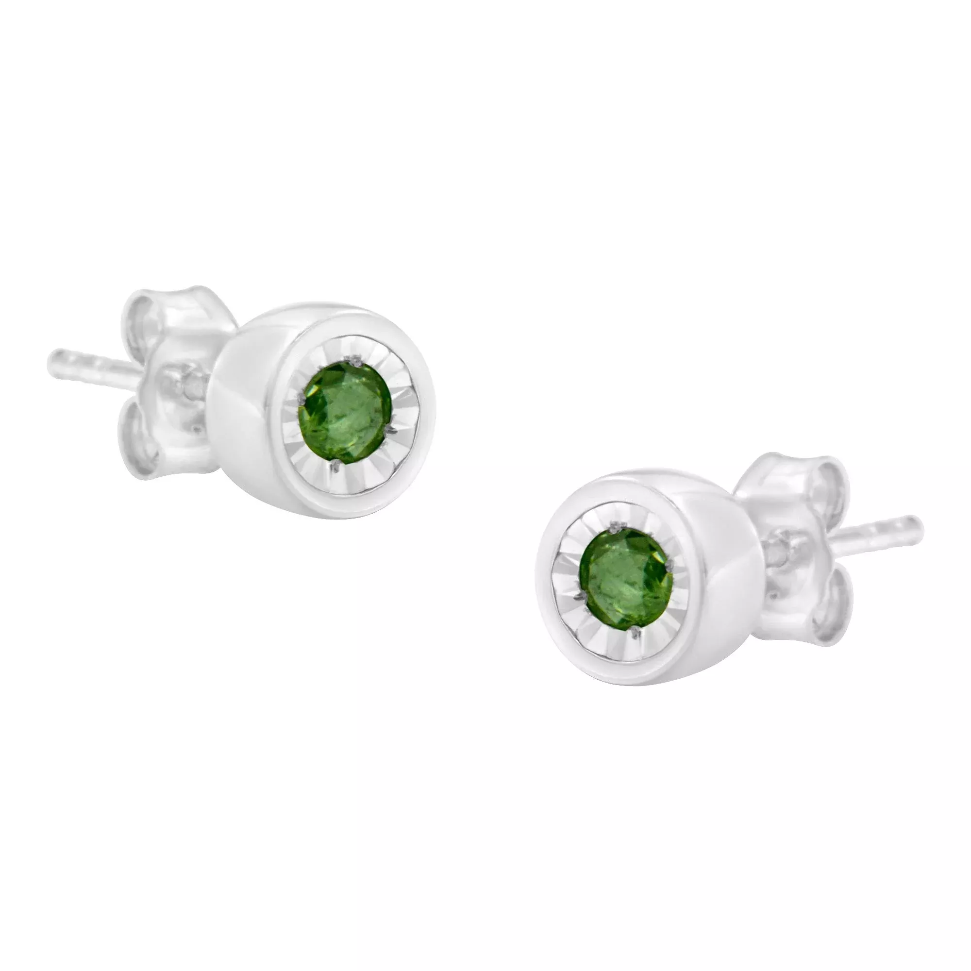.925 Sterling Silver 0.15 Cttw Round Brilliant-Cut Green Diamond Miracle-Set Stud Earrings (Fancy Color-Enhanced, I1-I2 Clarity)