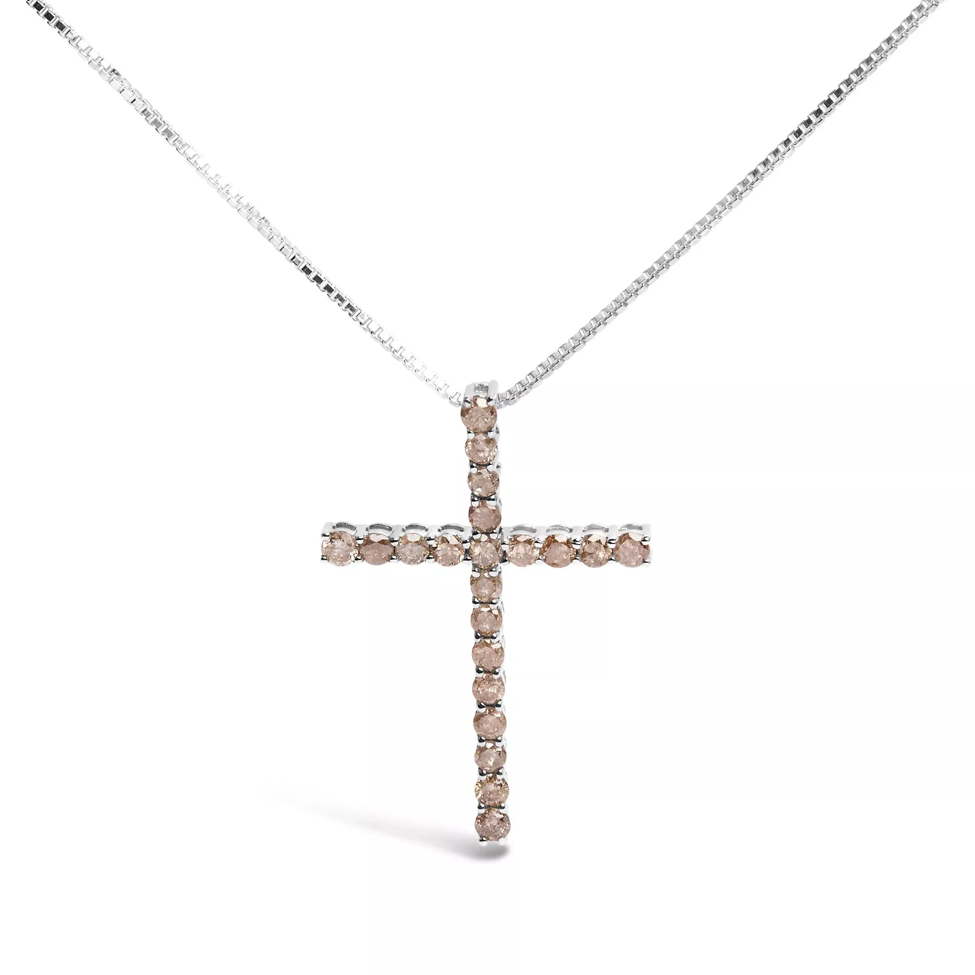 .925 Sterling Silver 1.0 Cttw Champagne Diamond Gold Cross Pendant Necklace for Women (Champagne Color, I1-I2 Clarity)- 18 inch