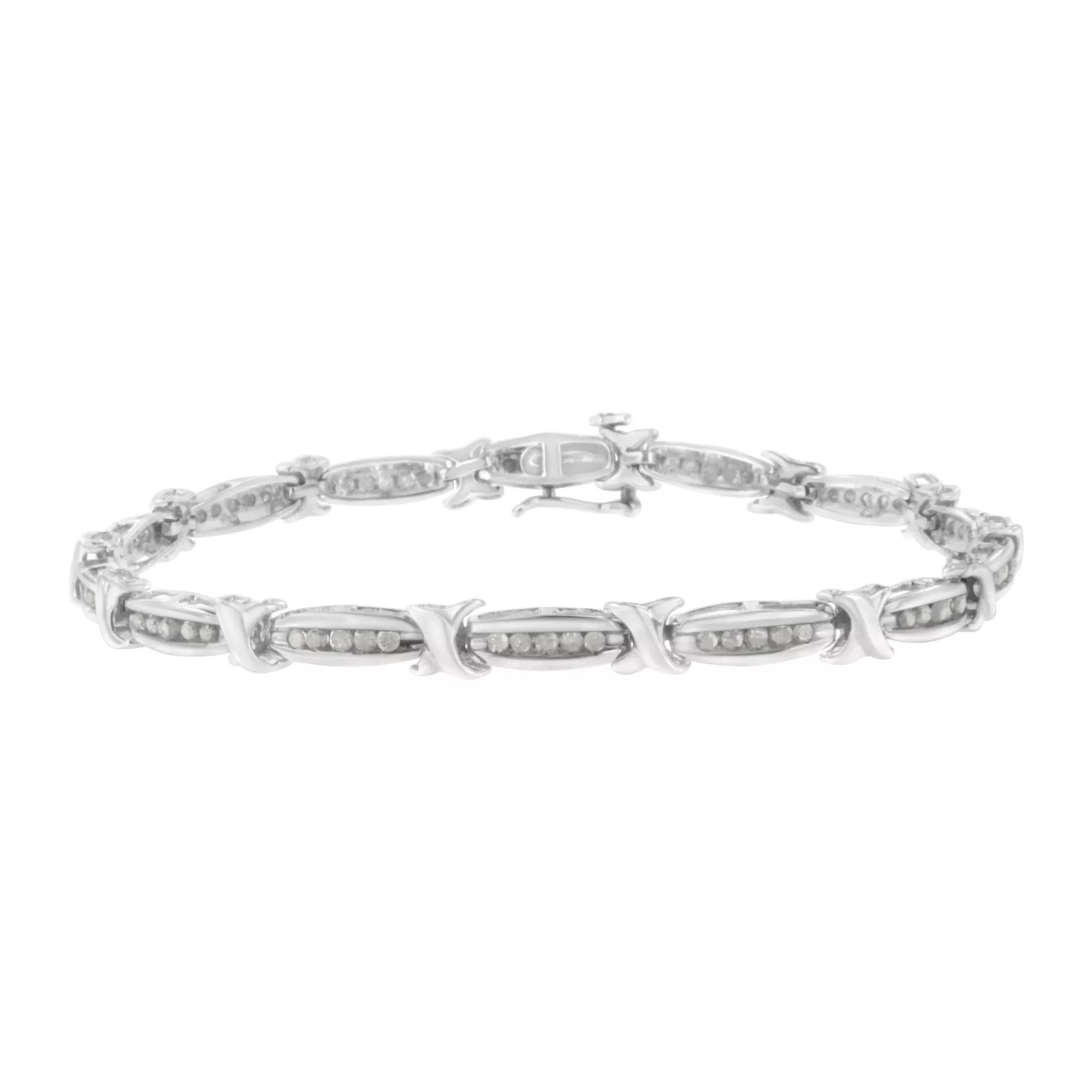 .925 Sterling Silver 1.0 Cttw Diamond Channel Set Tapered & X-Link 7" Tennis Bracelet (I-J Color, I2-I3 Clarity)