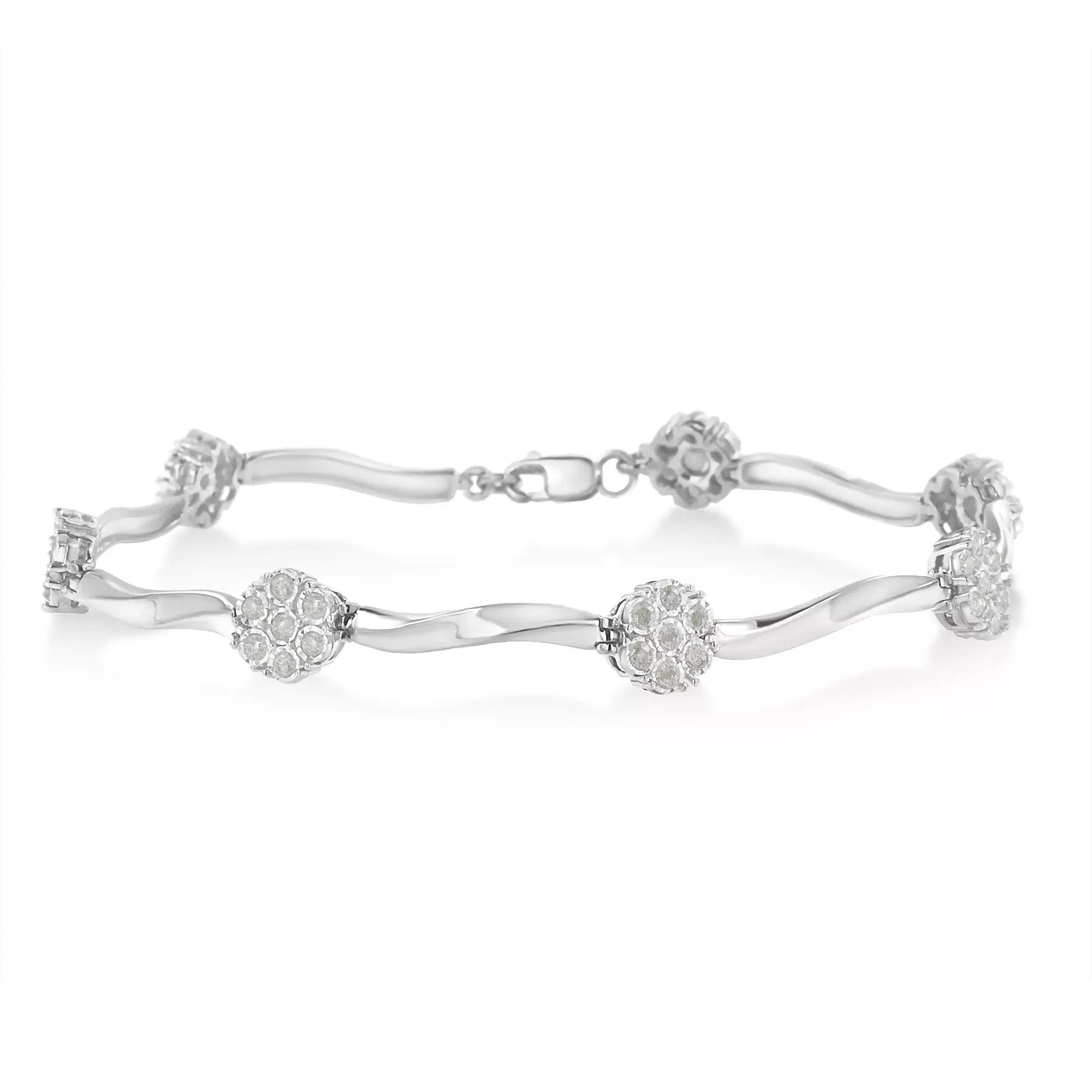 .925 Sterling Silver 1.0 Cttw Diamond Cluster Miracle-Set Station & Twisted Bar 7" Tennis Bracelet (H-I Color, I1-I2 Clarity)
