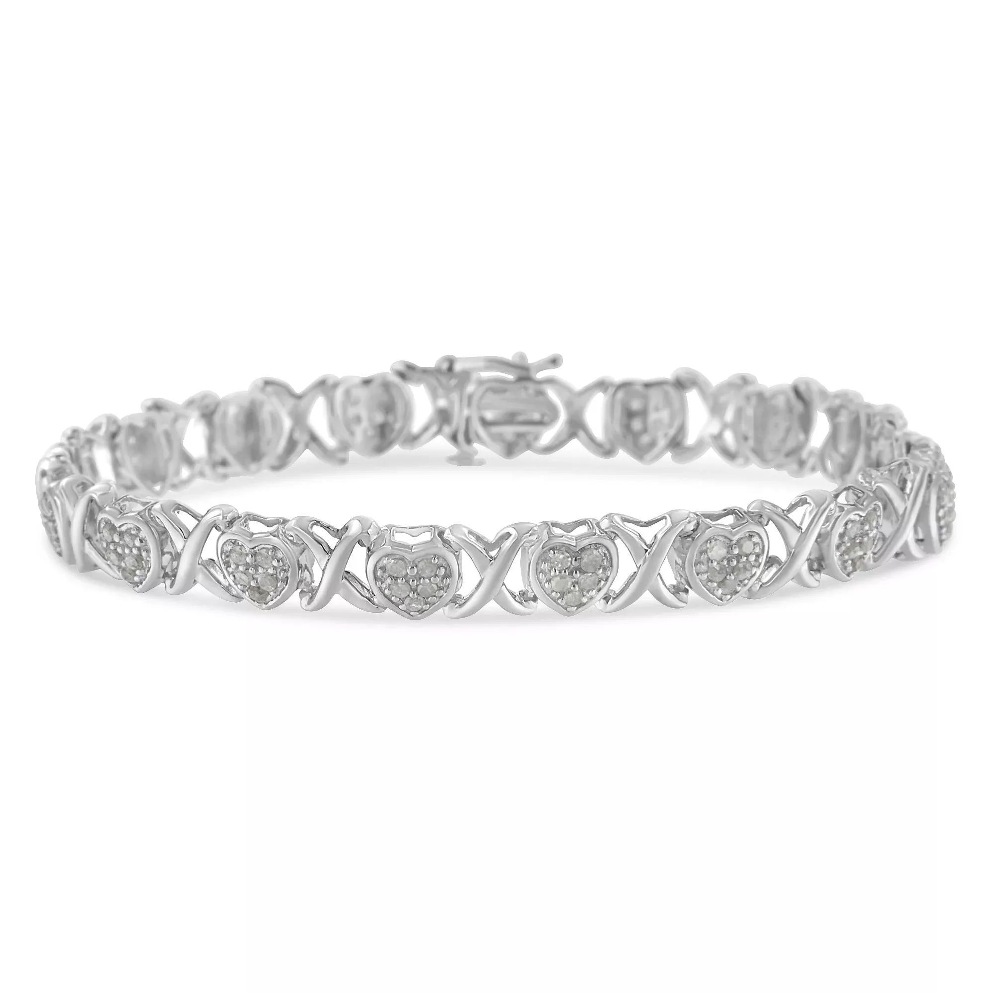 .925 Sterling Silver 1.0 Cttw Diamond Heart & X-Link 7" Tennis Bracelet (I-J Color, I2-I3 Clarity)