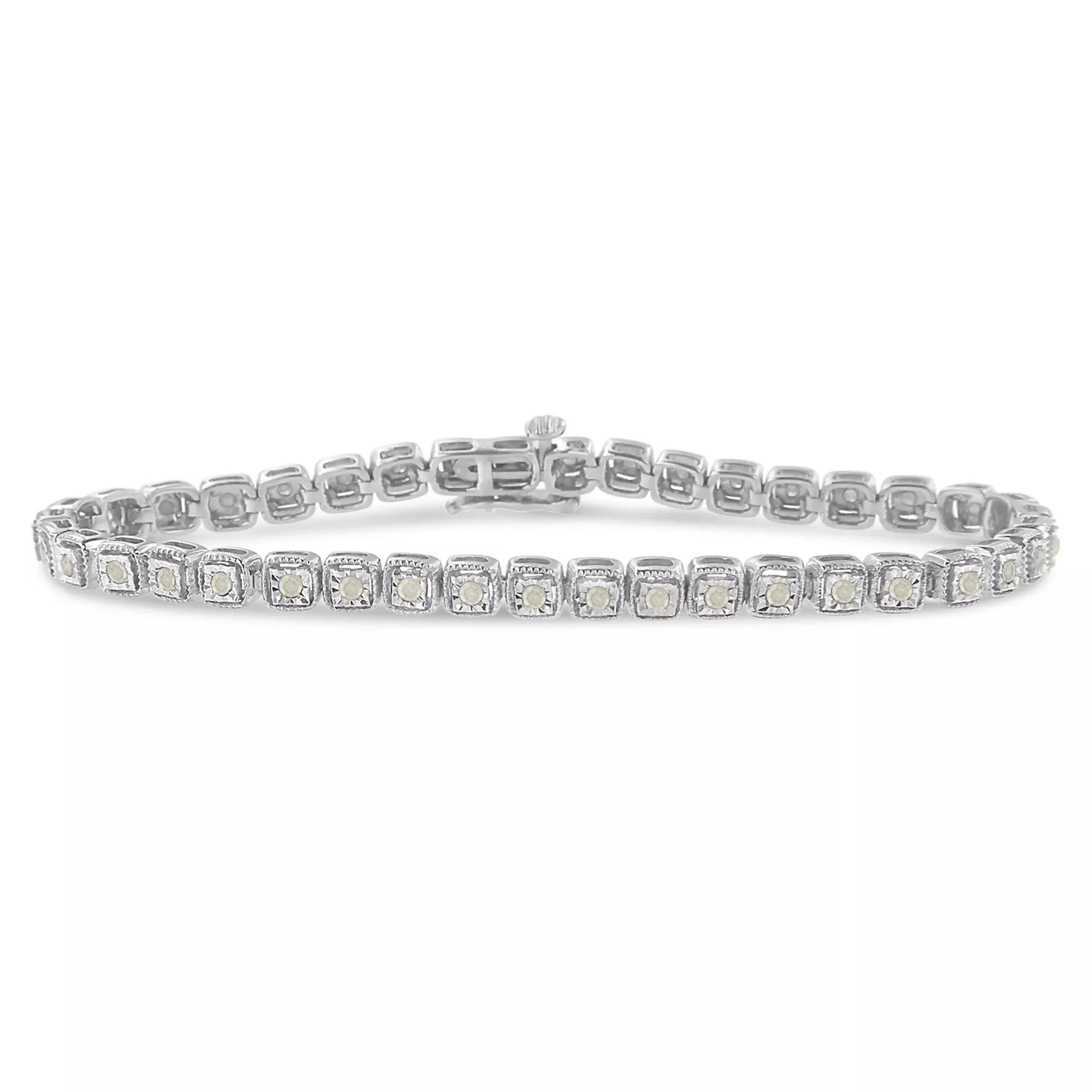 .925 Sterling Silver 1.0 Cttw Diamond Miracle-Set Square Milgrain 7" Link Tennis Bracelet (I-J Color, I3 Clarity)