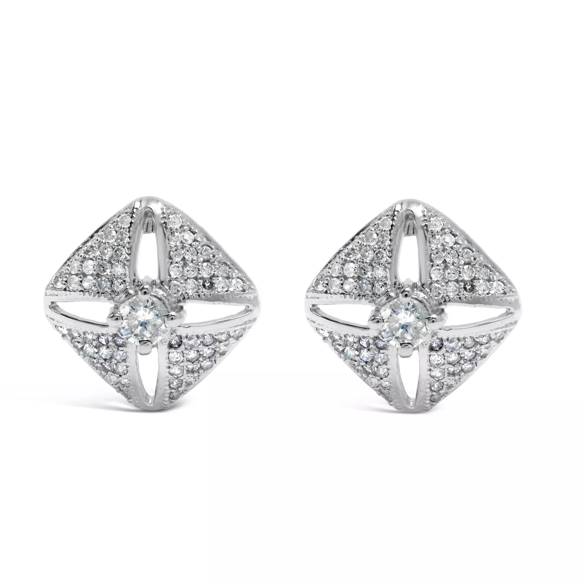 .925 Sterling Silver 1.0 Cttw Diamond Studded Rhombus Stud Earring (H-I Color, I2-I3 Clarity)