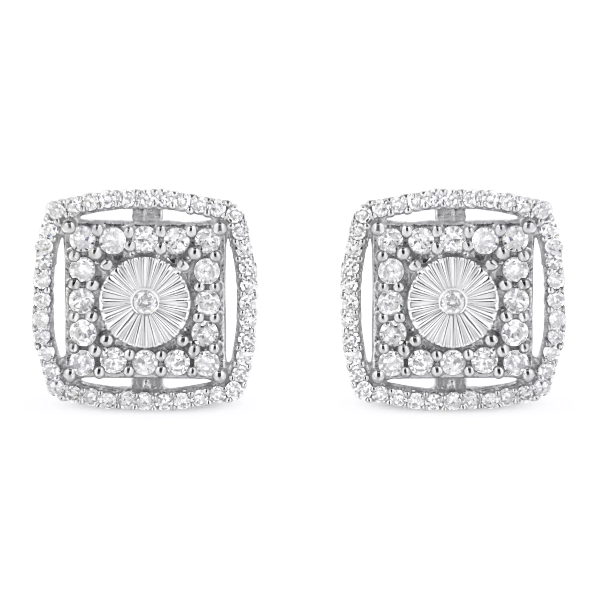 .925 Sterling Silver 1.0 Cttw Round Diamond Double Halo and Disc Stud Earring (I-J Color, I2-I3 Clarity)