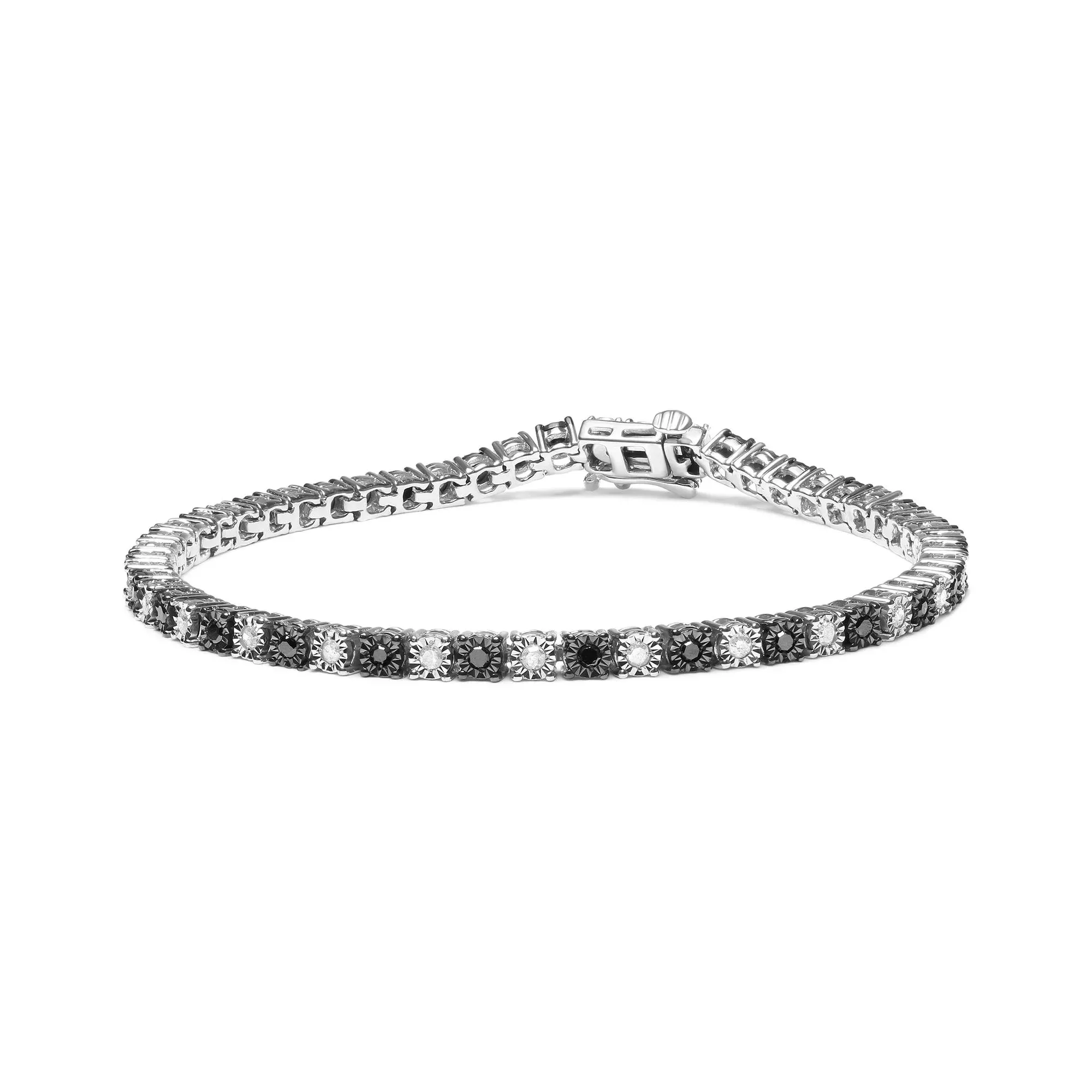 .925 Sterling Silver 1.0 Cttw with Alternating Round White Diamond and Round Treated Green Diamond Tennis Bracelet (Green and I-J Color, I3 Clarity) - Size 7" Inches