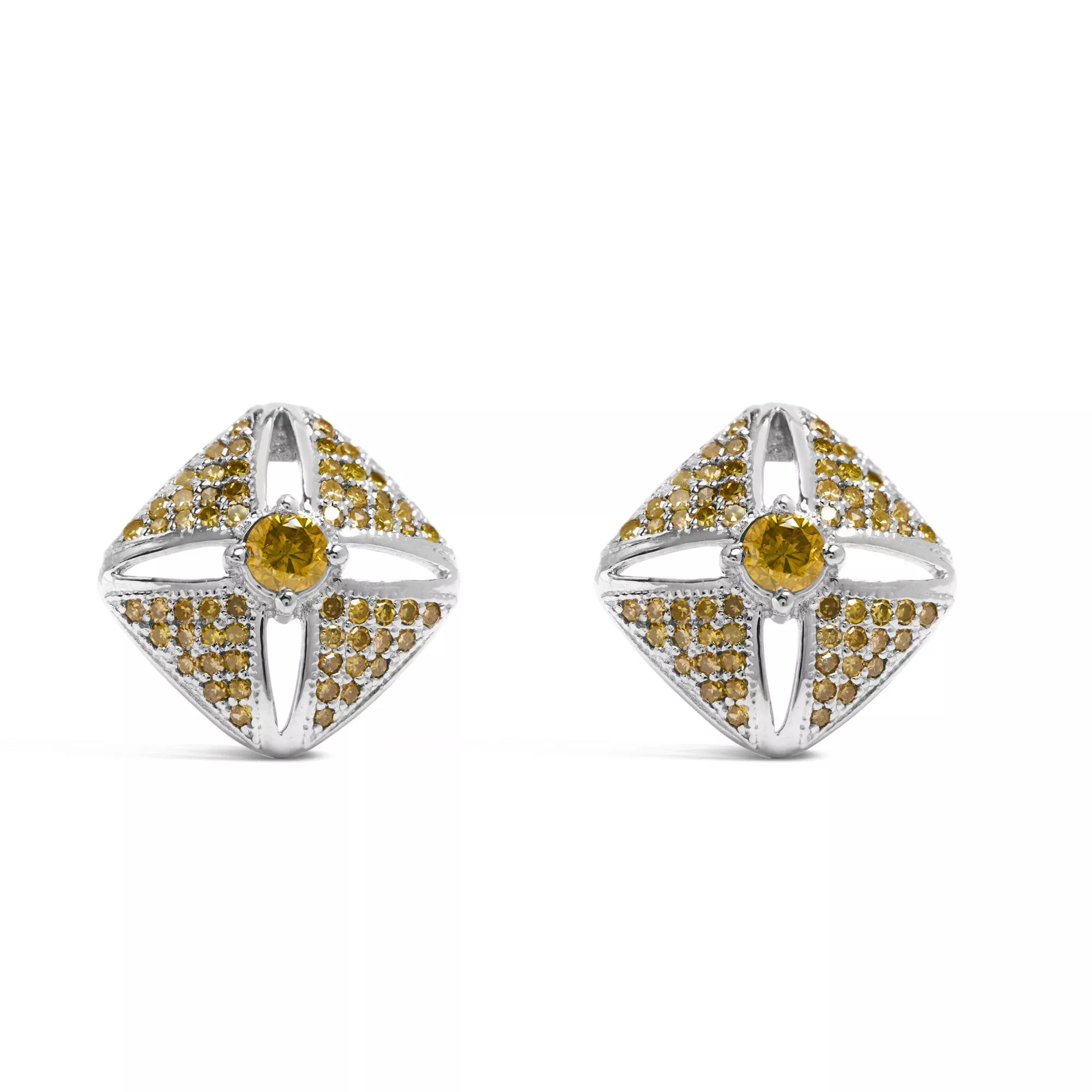 .925 Sterling Silver 1.0 Cttw Yellow Diamond Studded Rhombus Stud Earring (Yellow Color, I2-I3 Clarity)