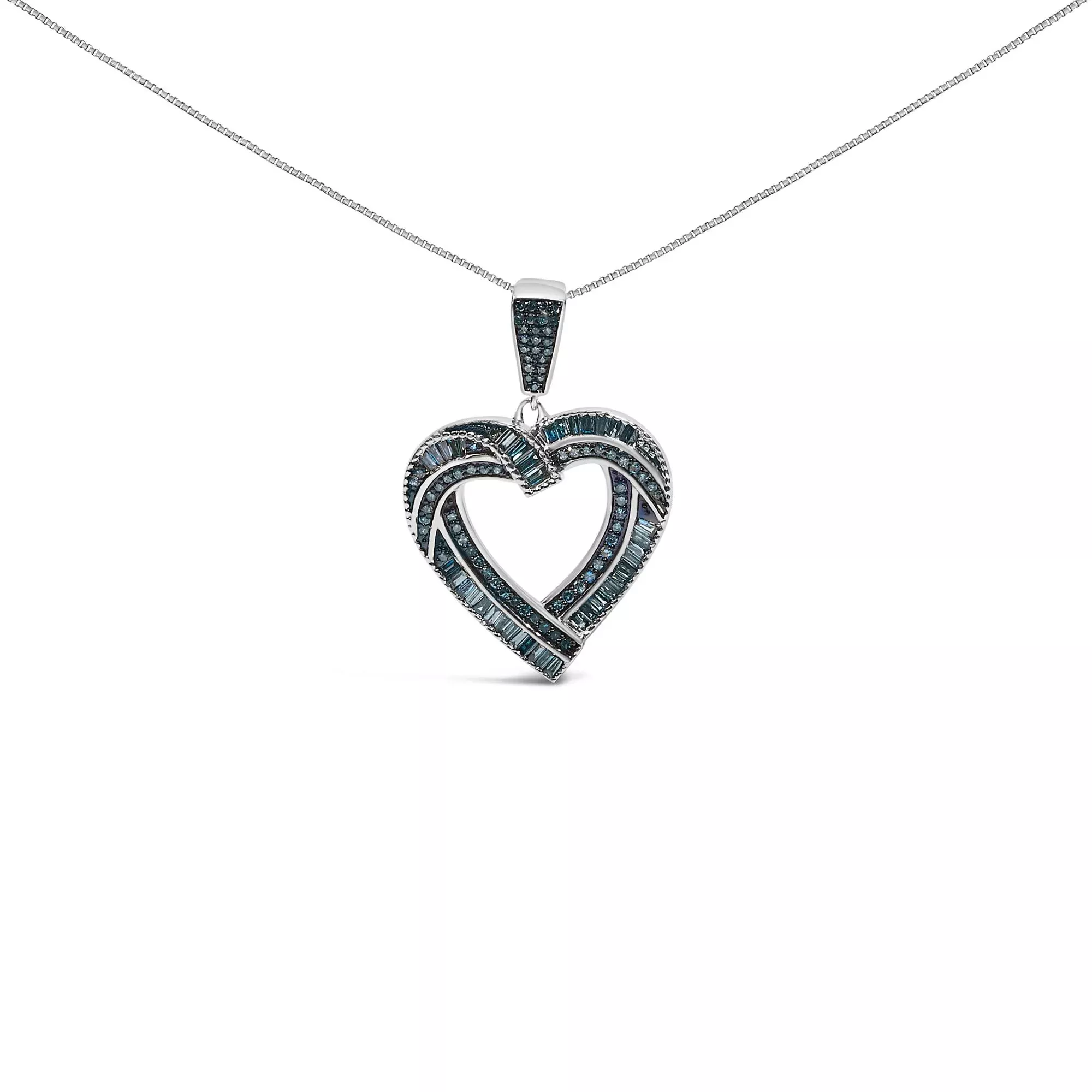 .925 Sterling Silver 1.00 Cttw Baguette and Round Blue Diamond Open Heart Pendant Necklace