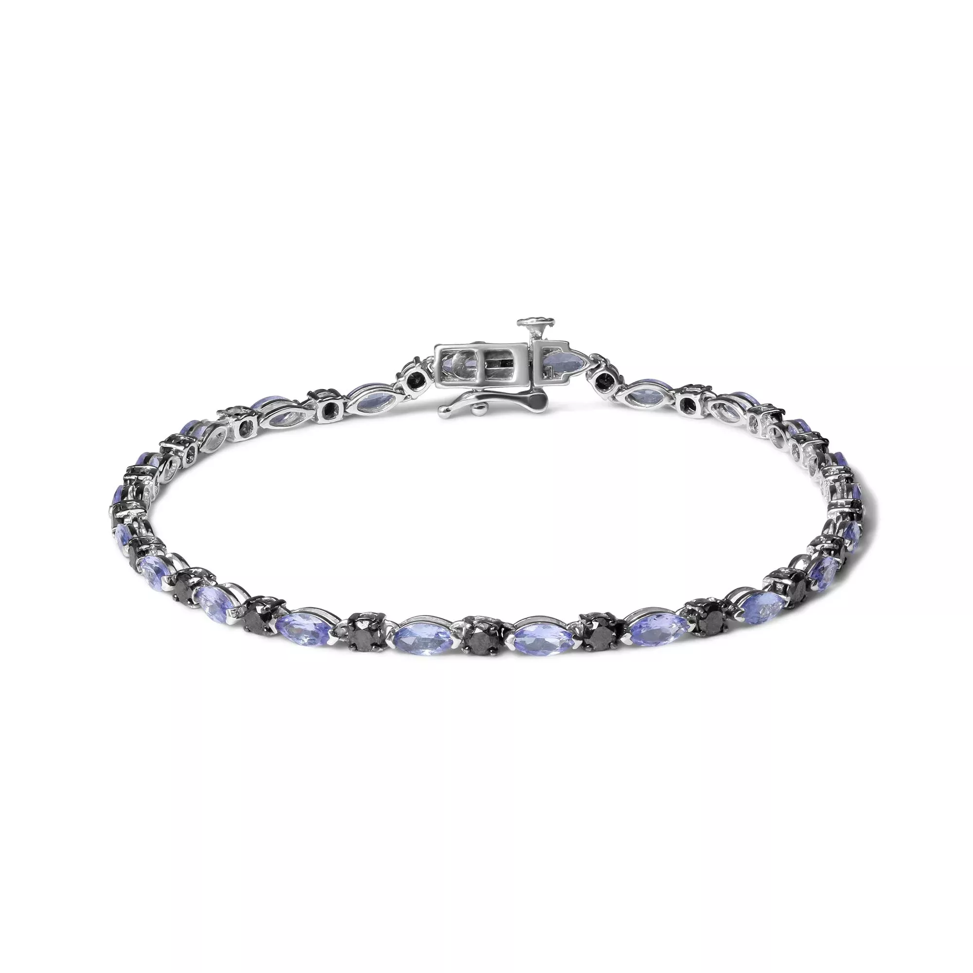 .925 Sterling Silver 1 1/2 Cttw Black Diamond and Blue Tanzanite Link Bracelet (I2-I3 Clarity, Black Color) - Size 7.25"