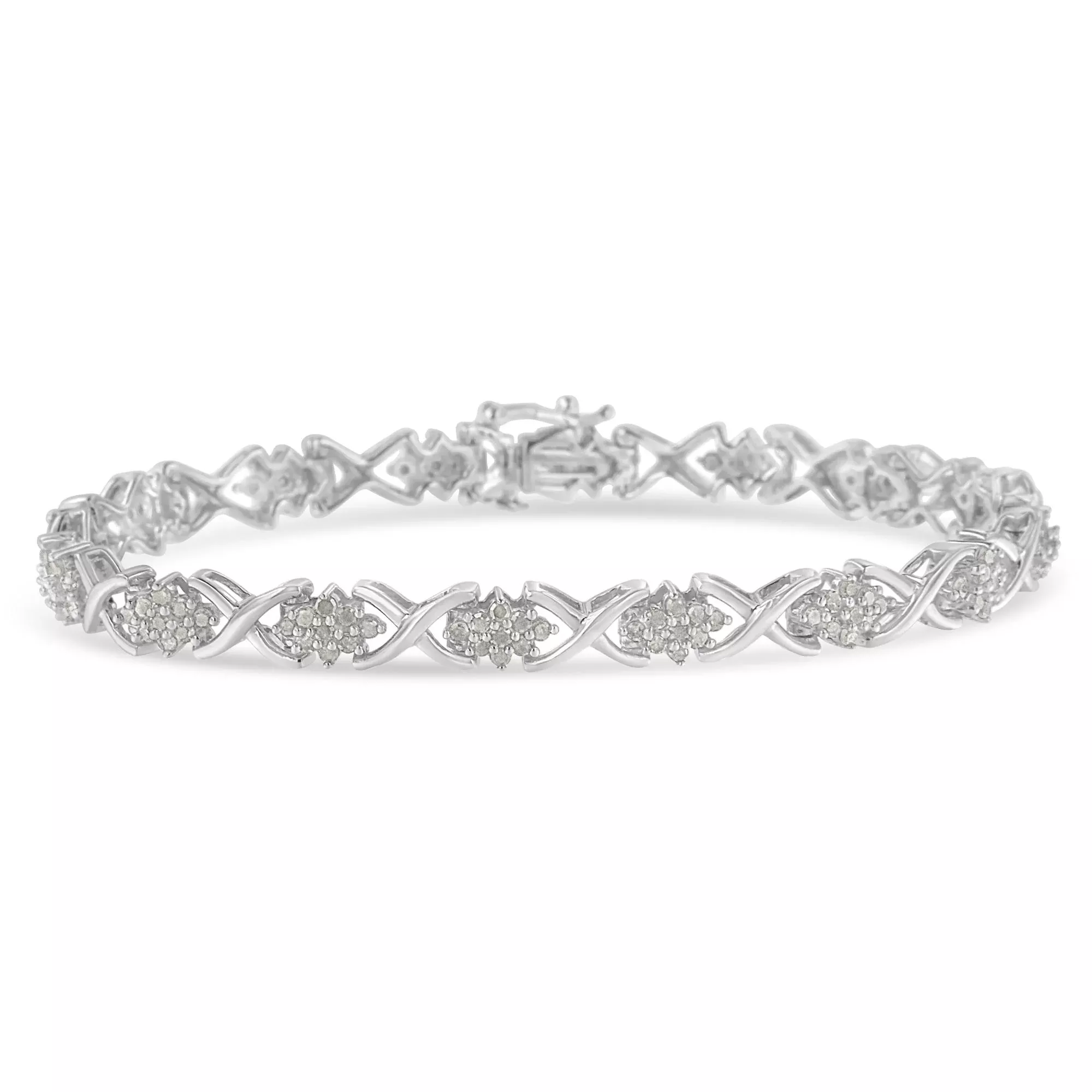 .925 Sterling Silver 1-1/2 Cttw Diamond Cluster X Link 7" Tennis Bracelet (I-J color, I3 clarity)