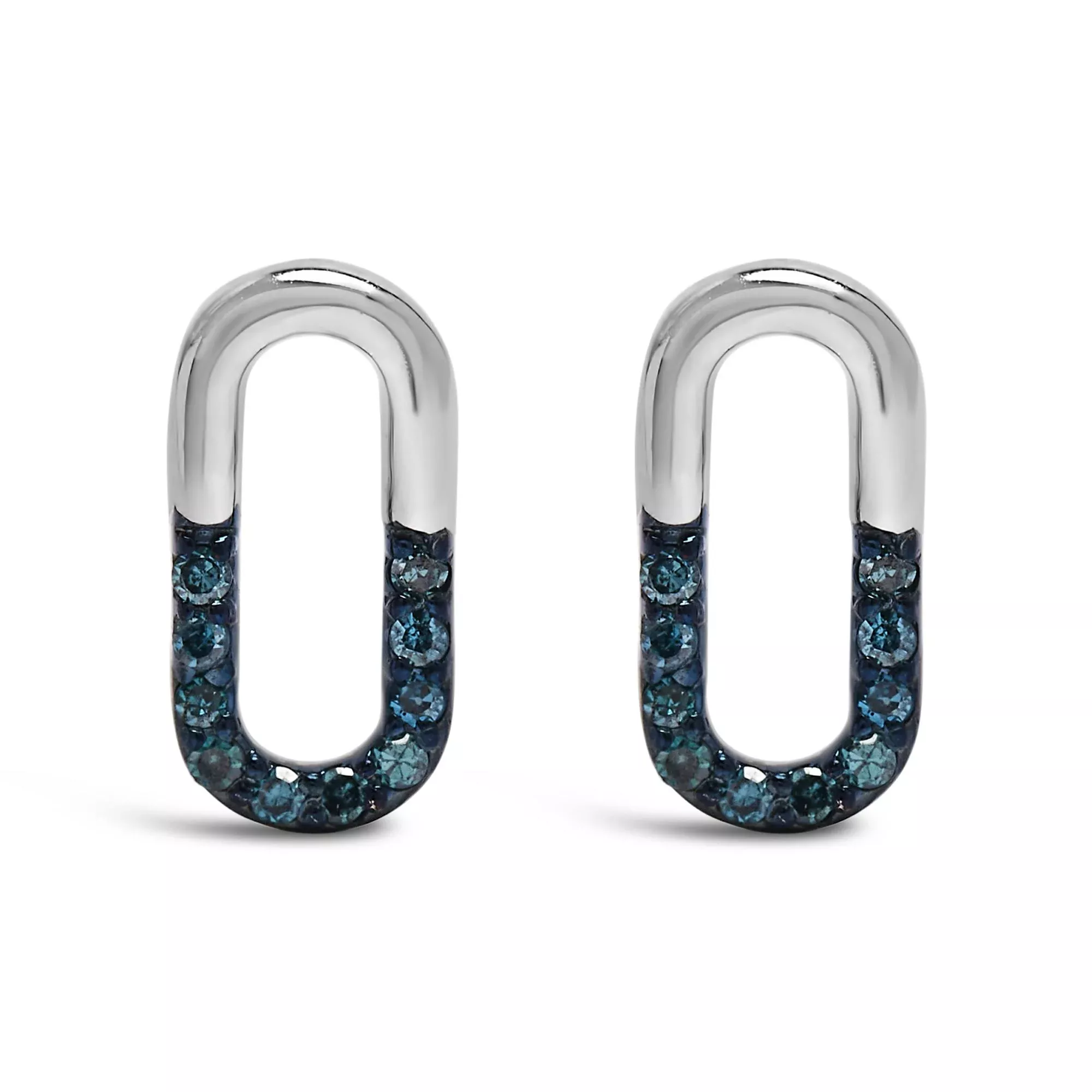 925 Sterling Silver 1/10 Blue Diamond Diamond Paperclip Stud Earrings (Blue, SI1-SI2 Clarity)