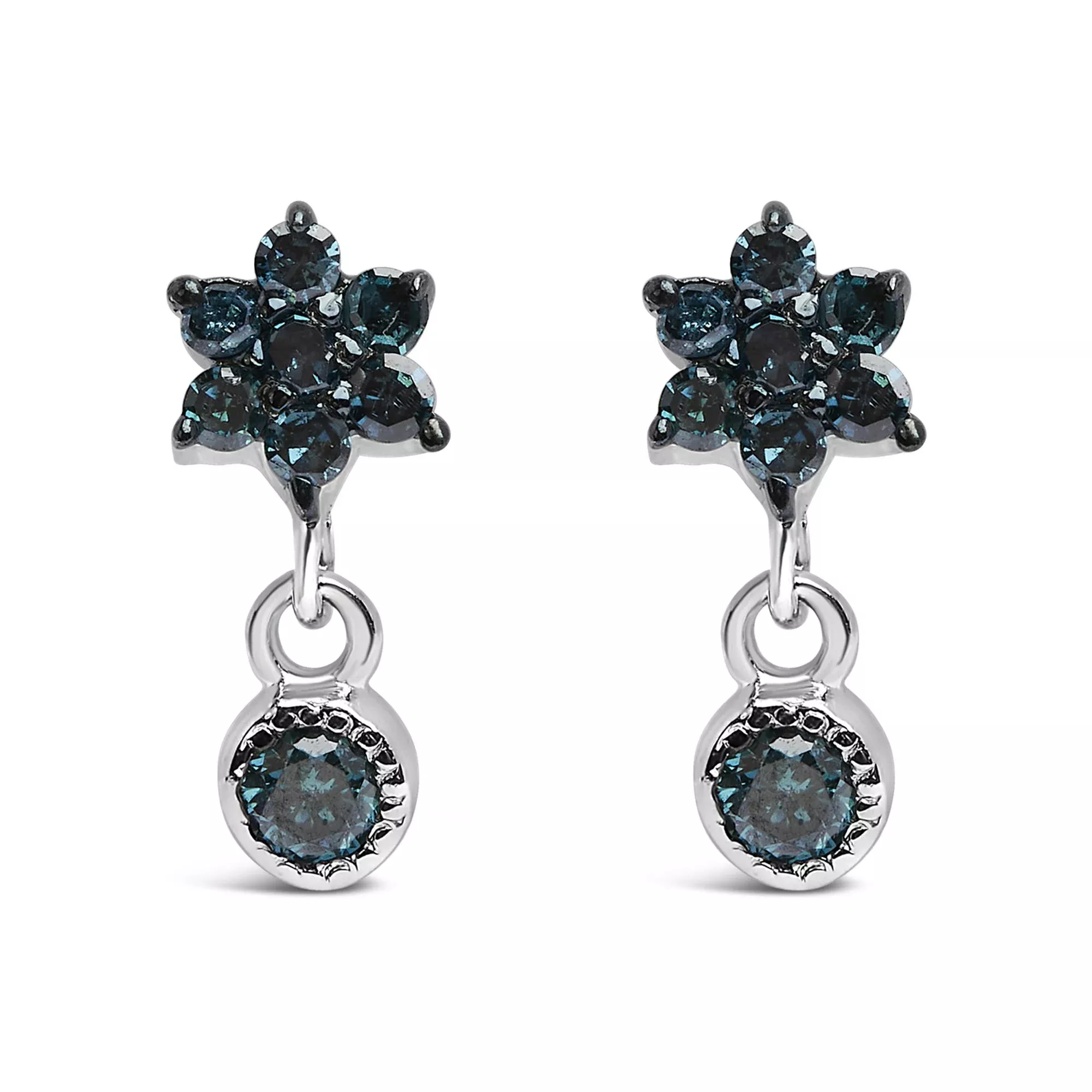 .925 Sterling Silver 1/10 Cttw Blue Diamond Star Stud with Bezel Drop Dangle Earrings (Blue Color, I2-I3 Clarity)