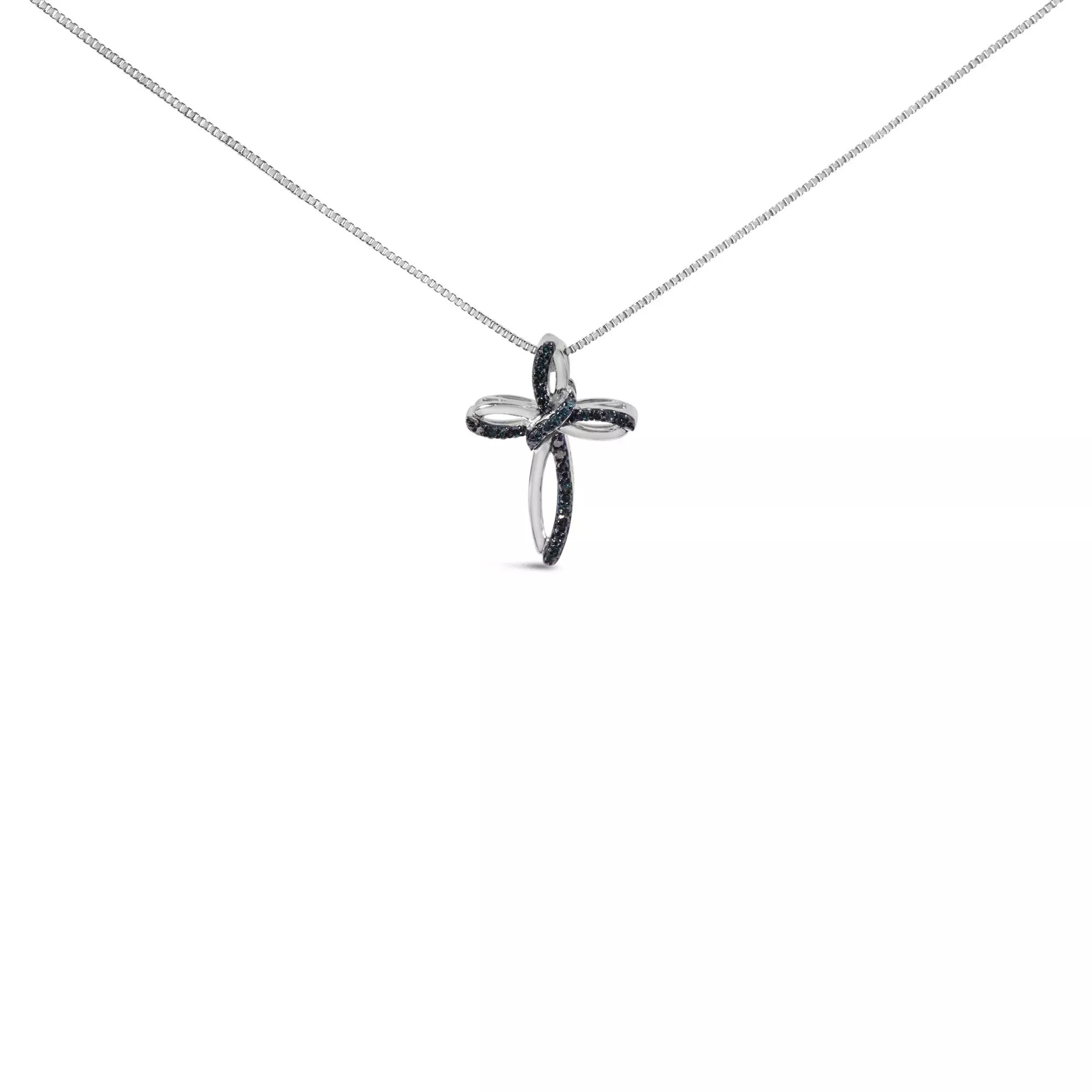 .925 Sterling Silver 1/10 Cttw Blue Diamond Swirl Ribbon and Cross Pendant Necklace (Blue Color, I3 Clarity)