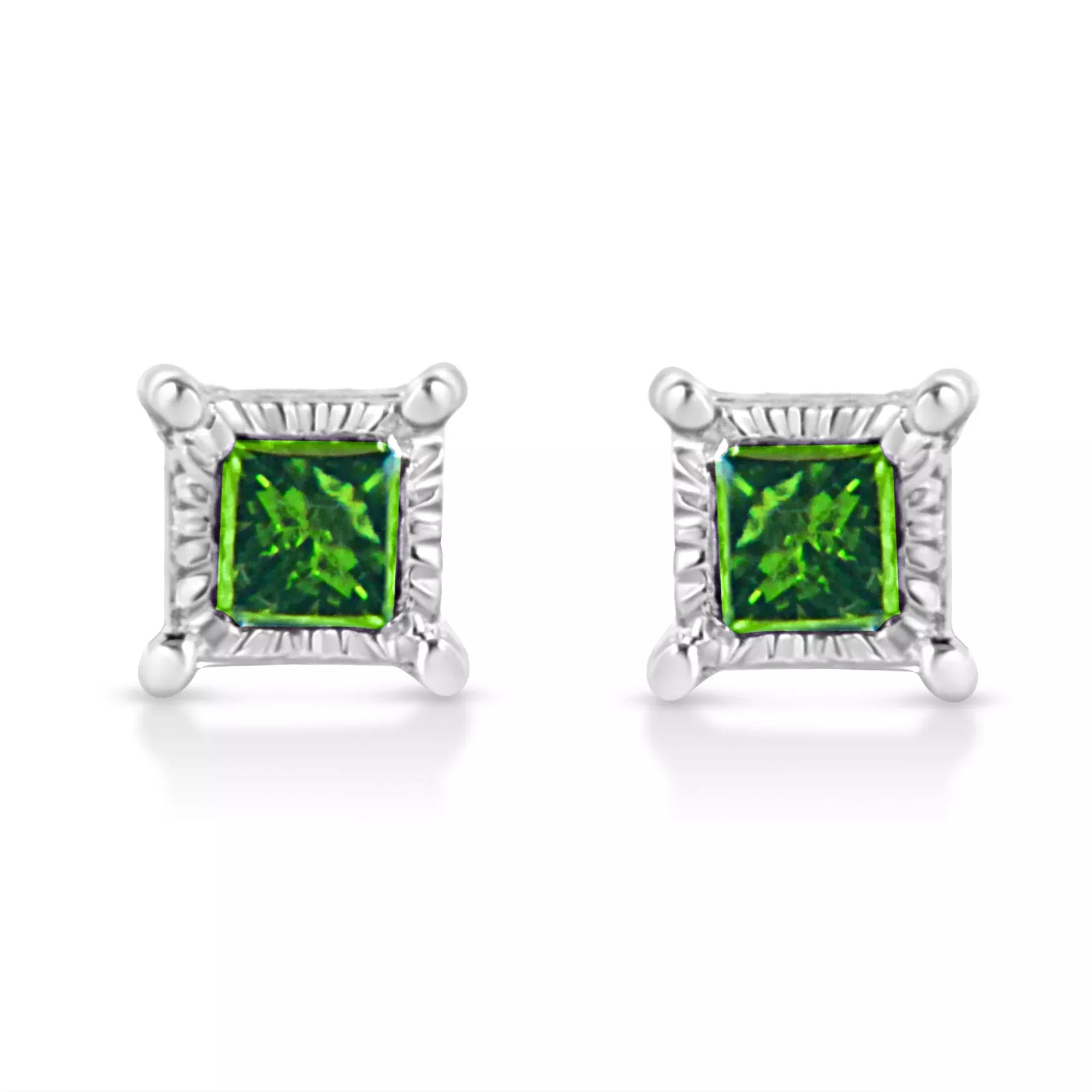 .925 Sterling Silver 1/10 Cttw Miracle Set Princess-Cut Treated Green Diamond Stud Earrings (Green Color, I1-I2 Clarity)
