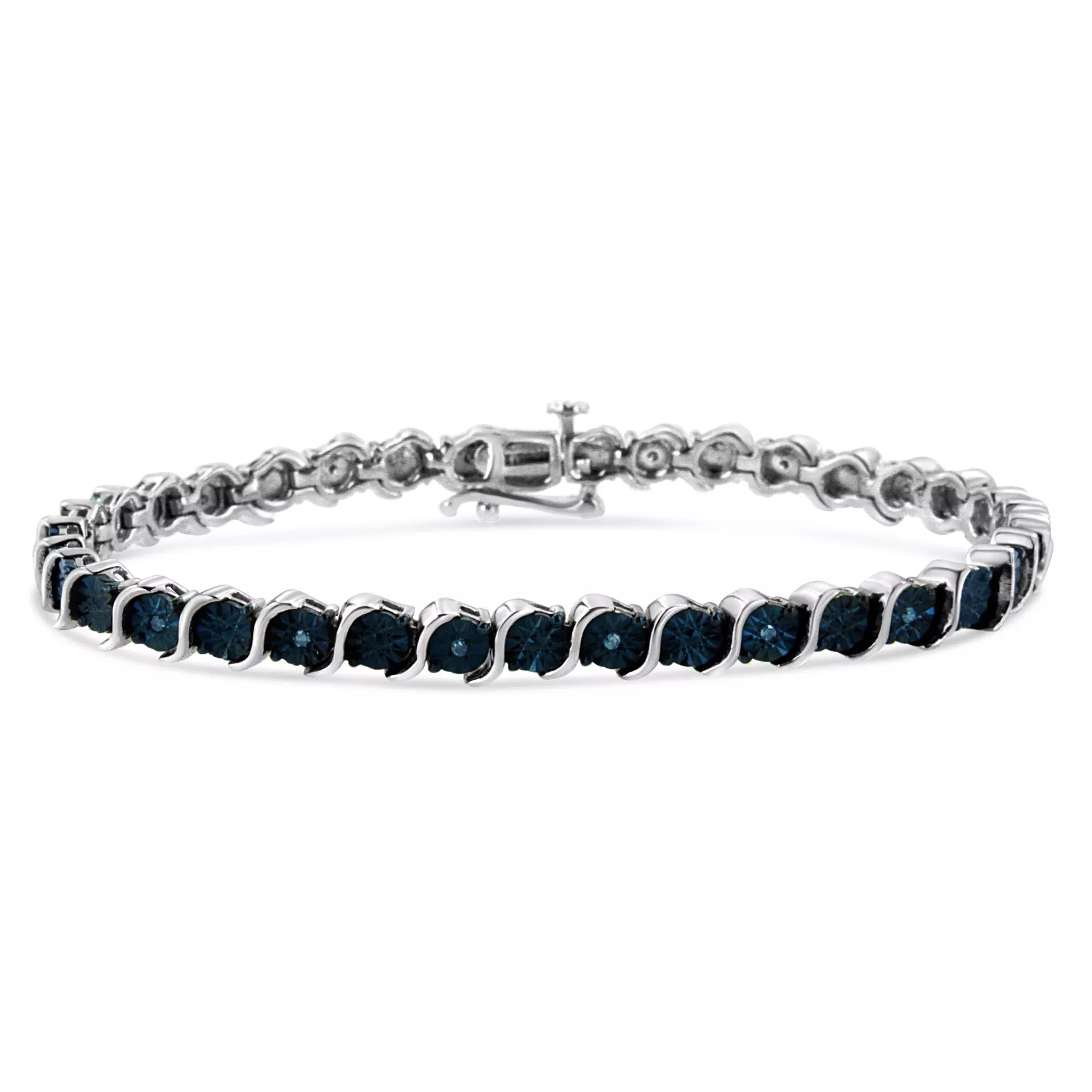 .925 Sterling Silver 1/10 Cttw Miracle-Set Treated Blue Color Diamond Miracle Plate "S" Link Tennis Bracelet (Blue Color, I2- I3 Clarity) - 7.25"
