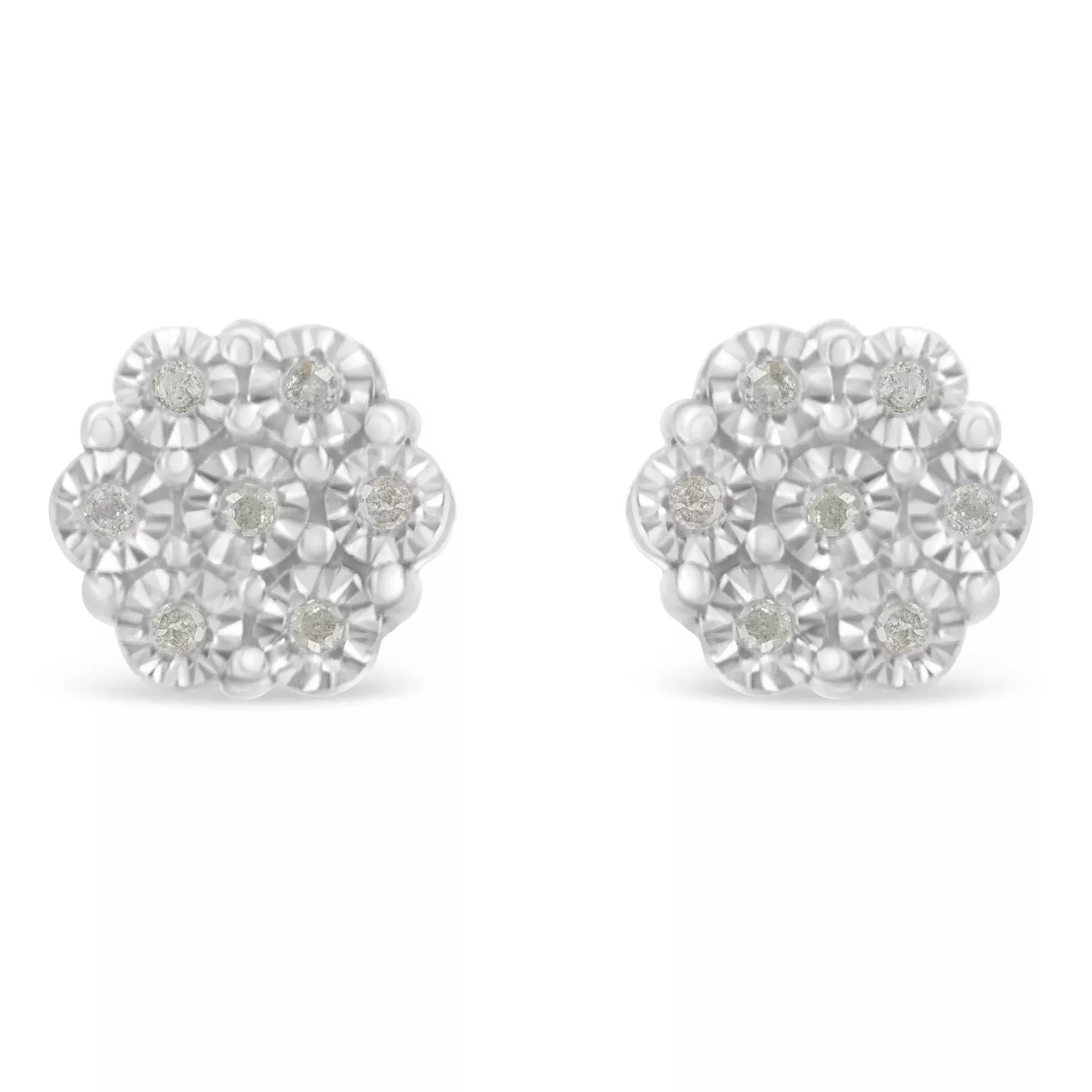 .925 Sterling Silver 1/10 Cttw Round-Cut Diamond Miracle-Set Floral Cluster Button Stud Earrings (I-J Color, I2-I3 Clarity)