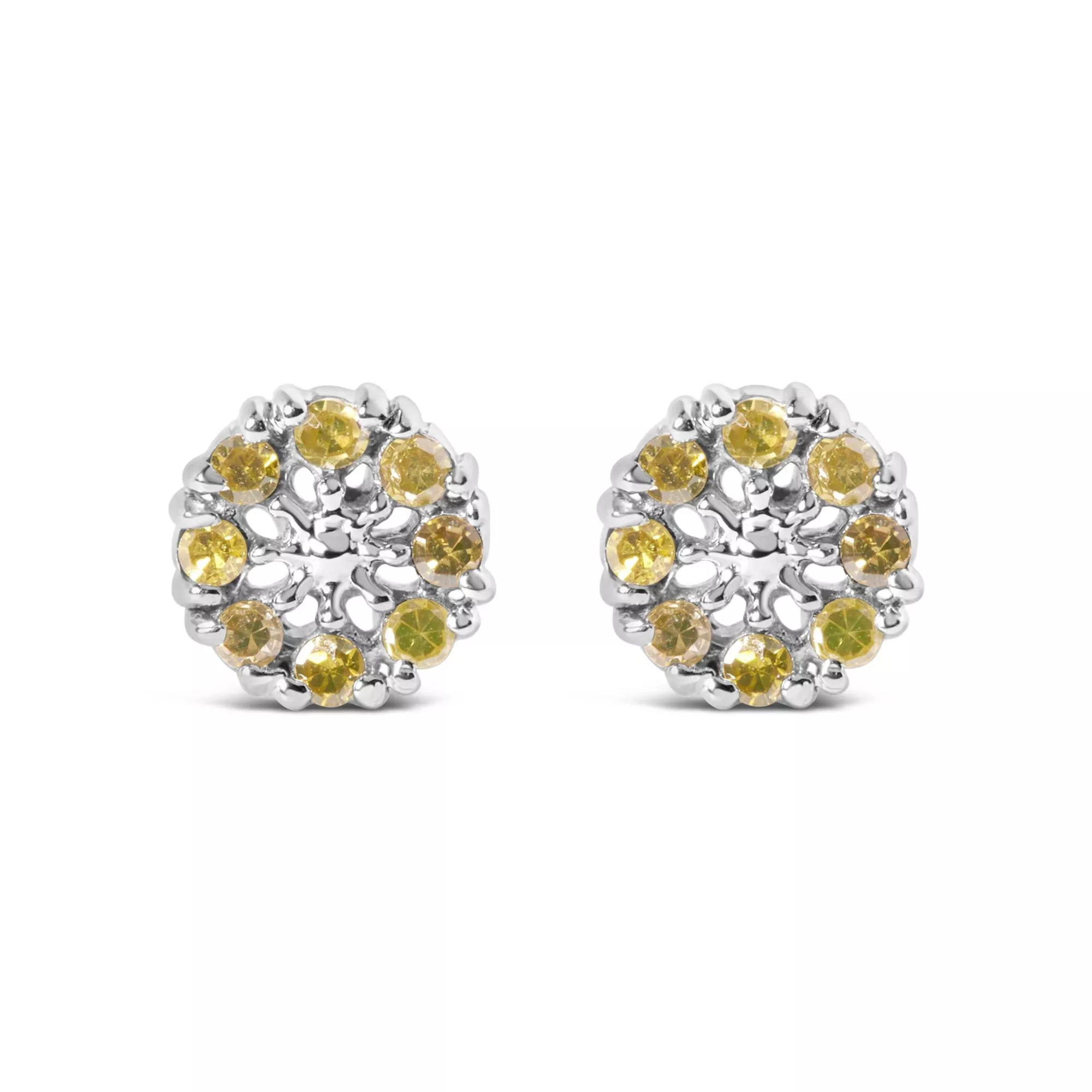 925 Sterling Silver 1/10 Cttw Yellow Diamond Floral Cluster Stud Earrings (Yellow Color, I3 Clarity)