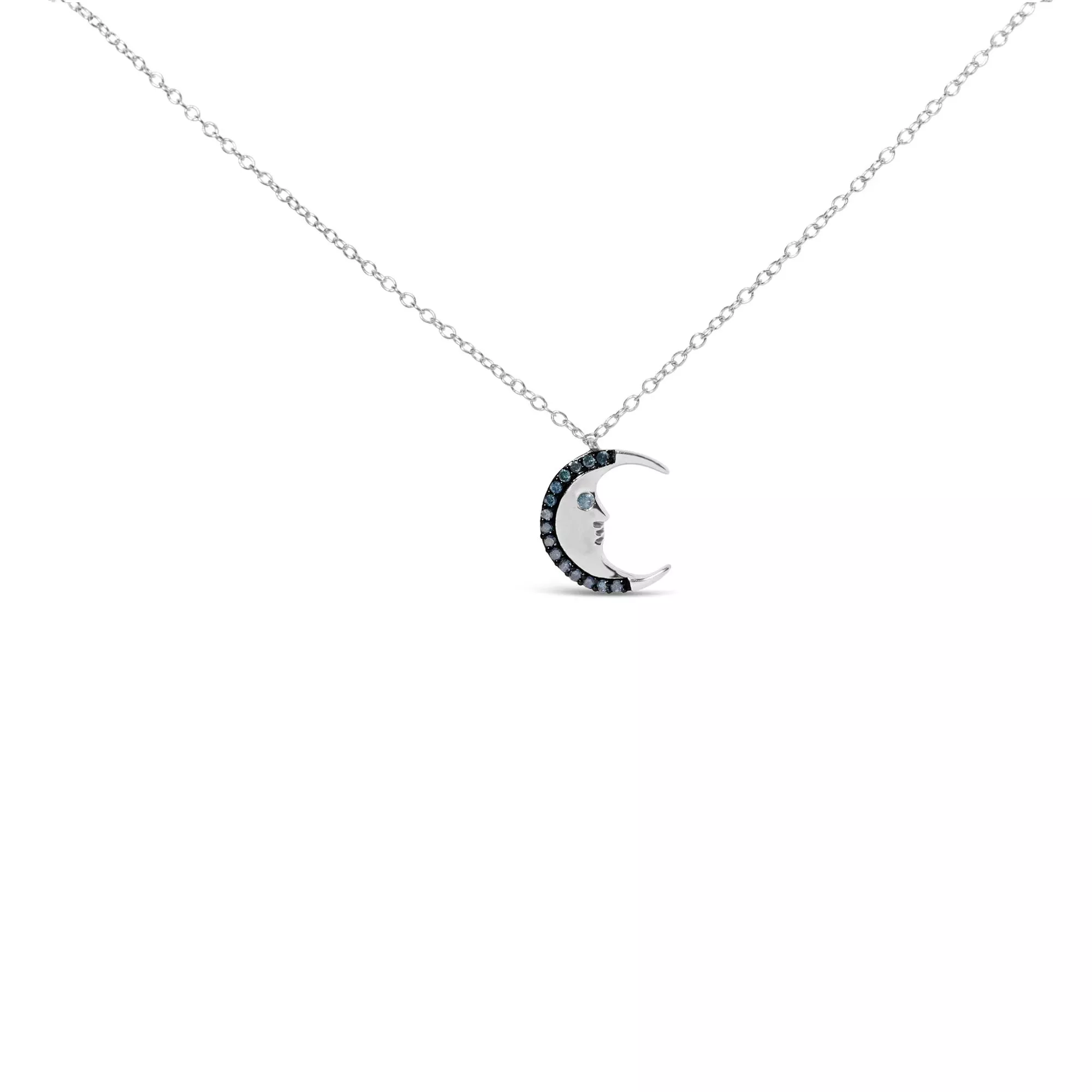 .925 Sterling Silver 1/10ct Blue Diamond Crescent Man on the Moon 18" Pendant Necklace (Blue Color, SI1-SI2 Clarity)