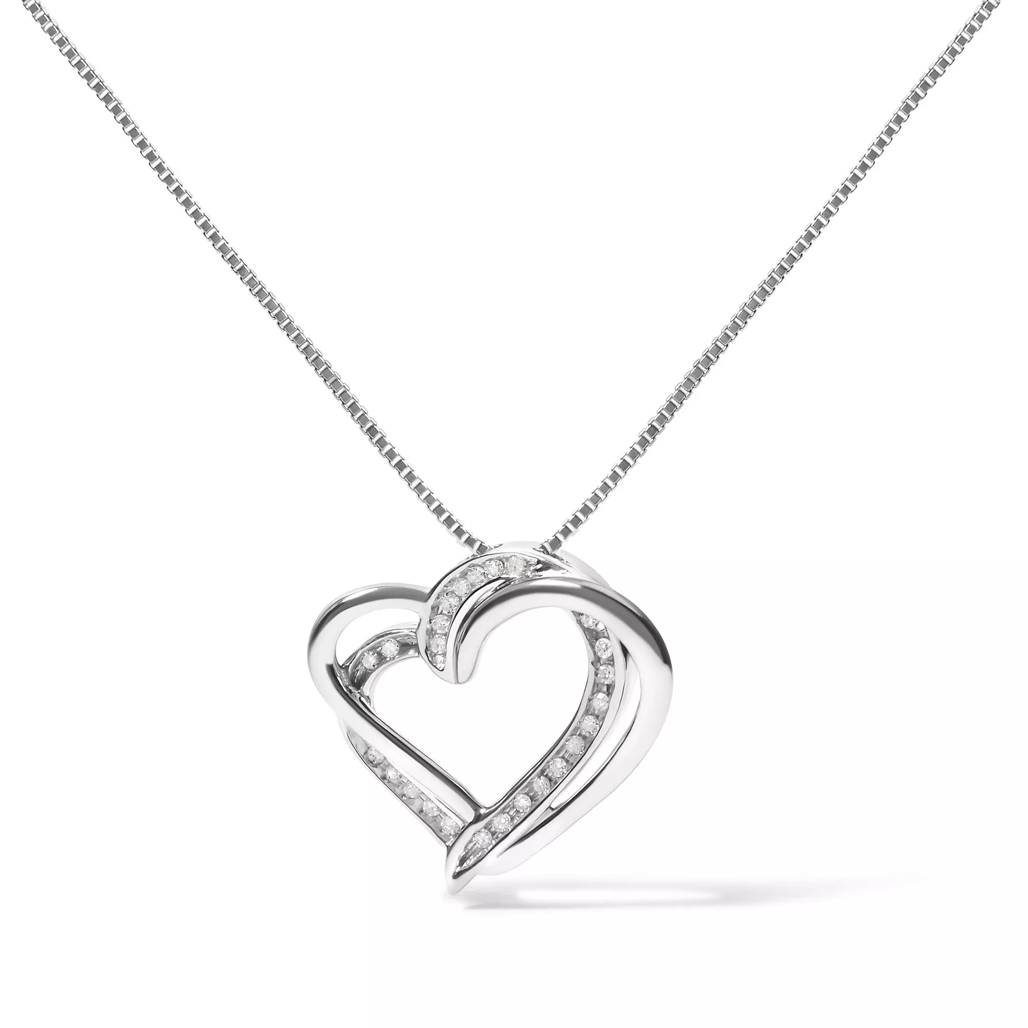 925 Sterling Silver 1/10ct TDW Diamond Double Heart Pendant Necklace