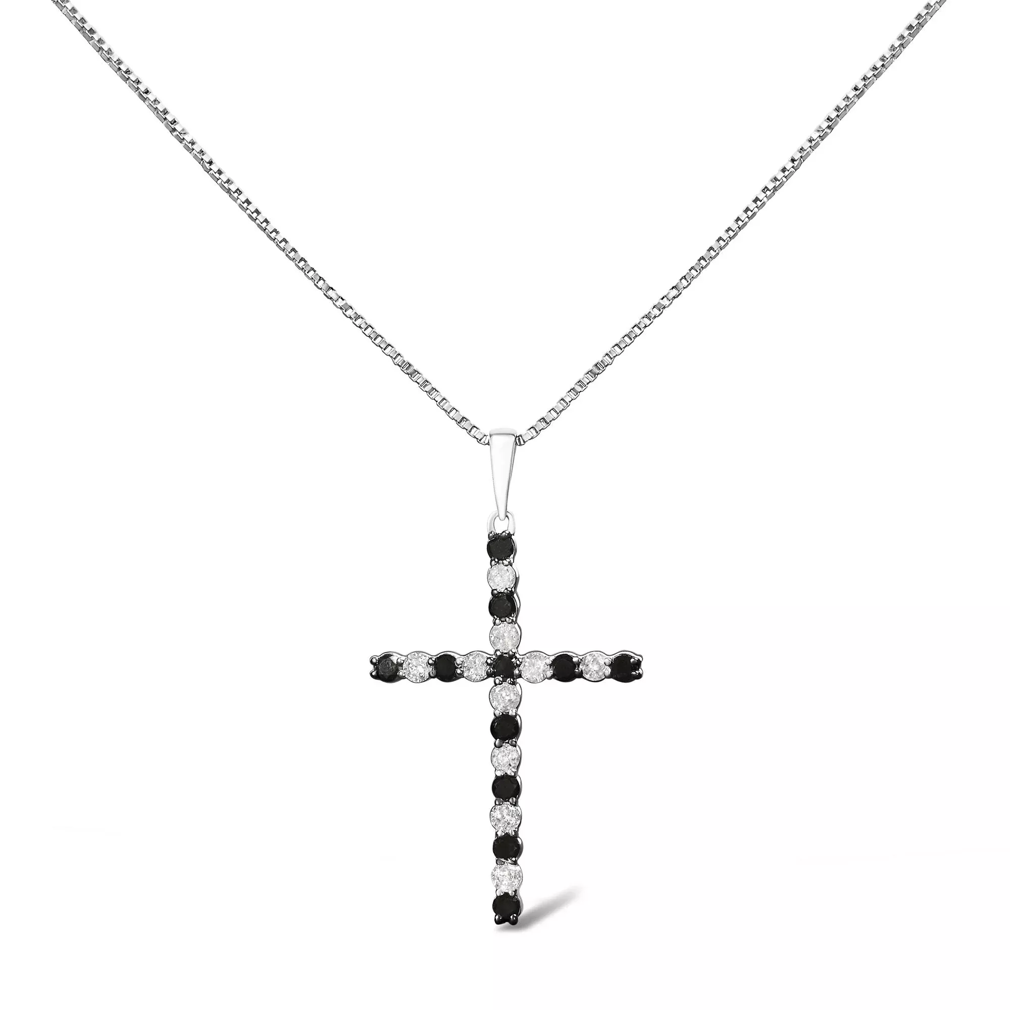 .925 Sterling Silver 1/2 Cttw Alternating Black and White Diamond Cross Pendant Necklace(Treated Black and H-I Color, I3 Clarity) - 18"