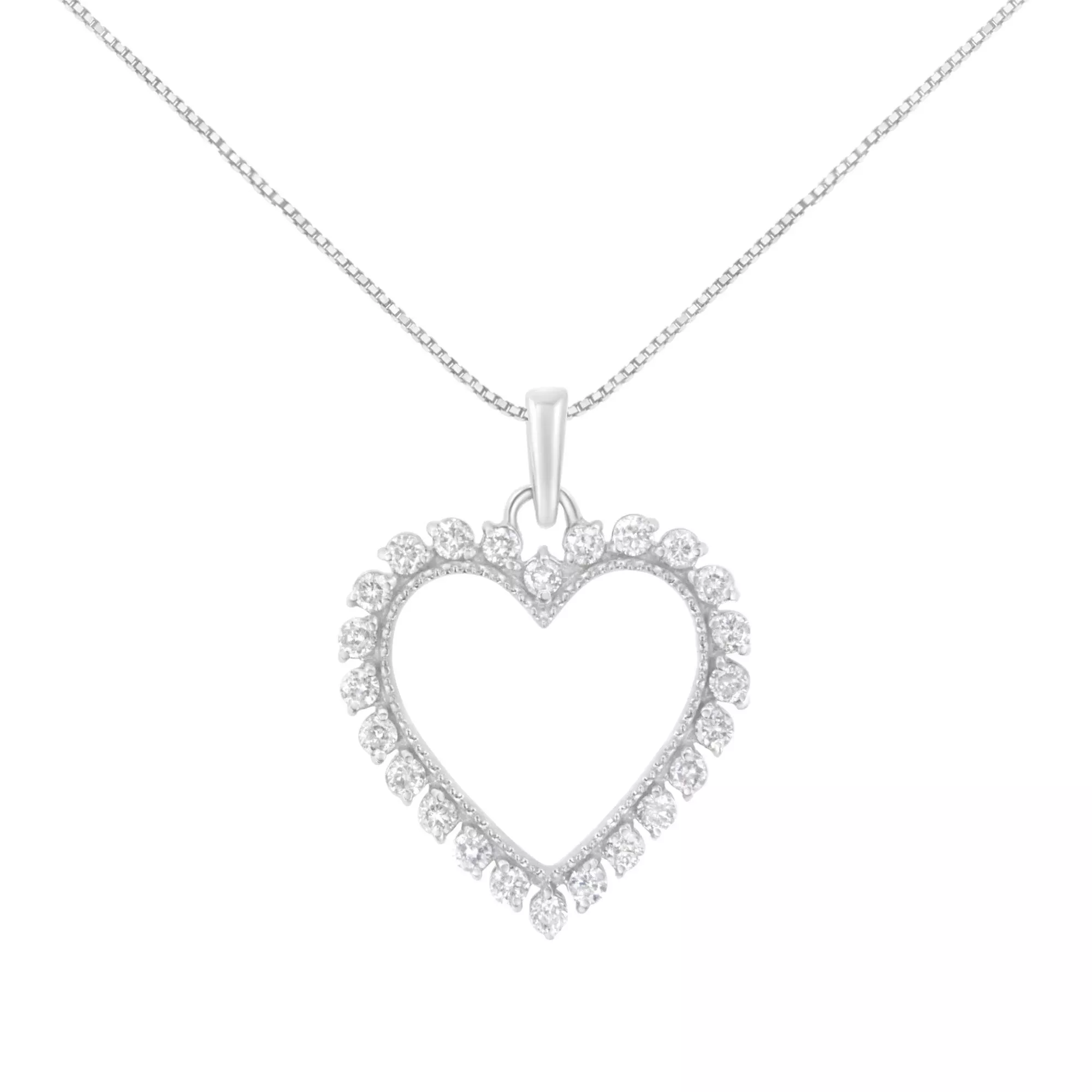 .925 Sterling Silver 1/2 Cttw Prong Set Diamond Encrusted Open Heart 18" Inch Pendant Necklace (I-J Color, I1-I2 Clarity)