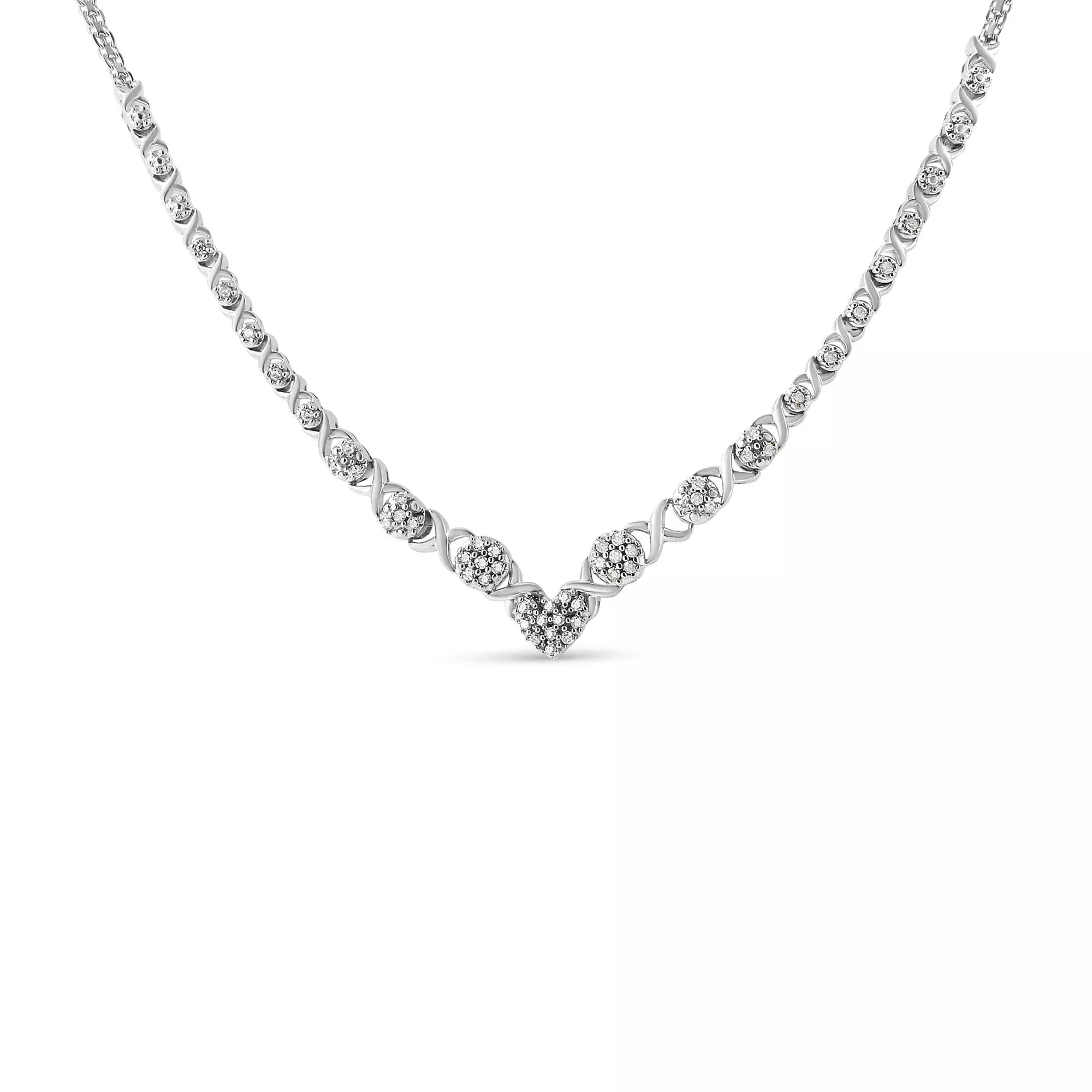 .925 Sterling Silver 1/2 cttw Prong Set Round Diamond Graduated Cluster and Heart Center 18" Statement Necklace (I-J Color, I3 Clarity)
