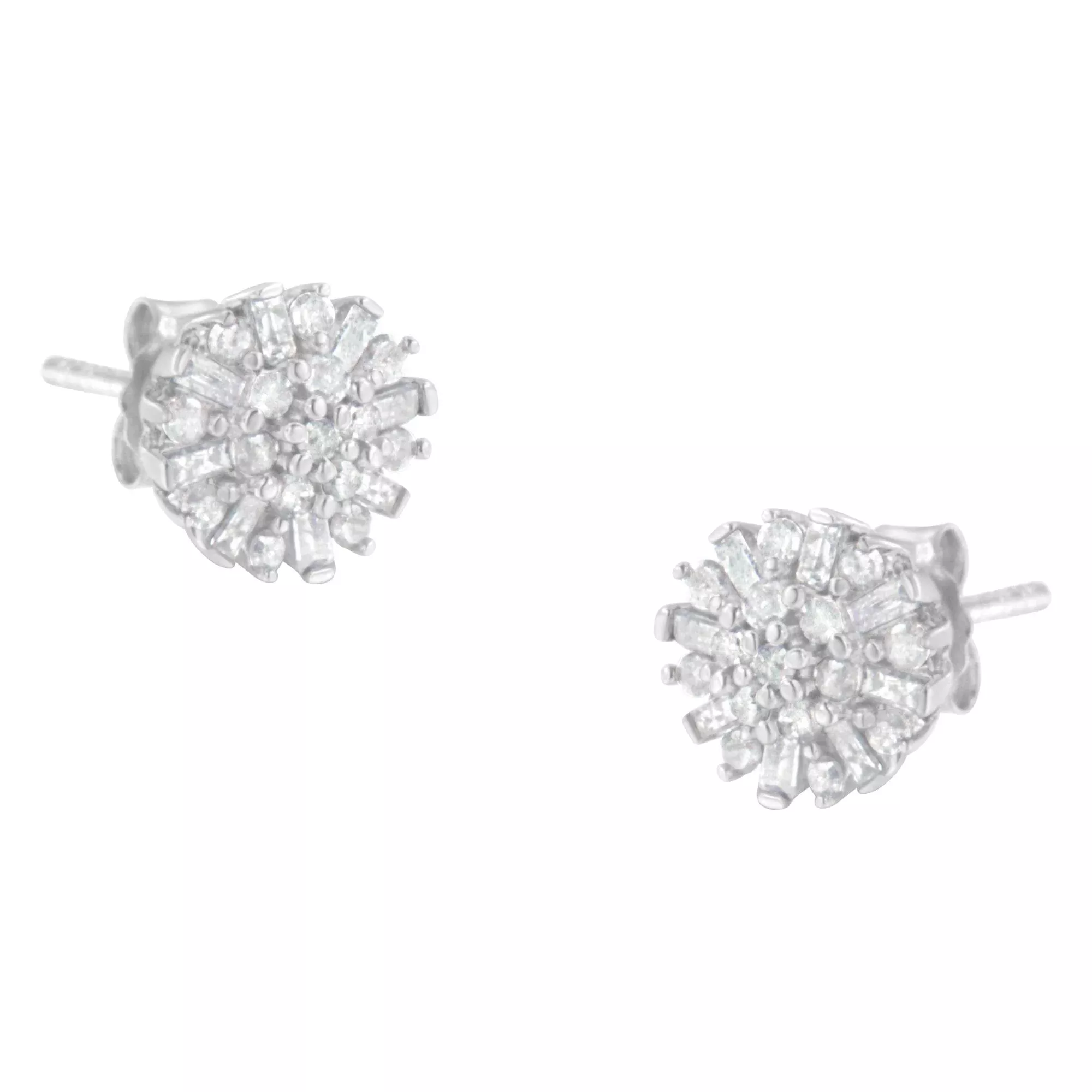 .925 Sterling Silver 1/2 Round and Baguette Diamond Sunburst Floral Cluster Stud Earrings (I-J Color, I3 Clarity)
