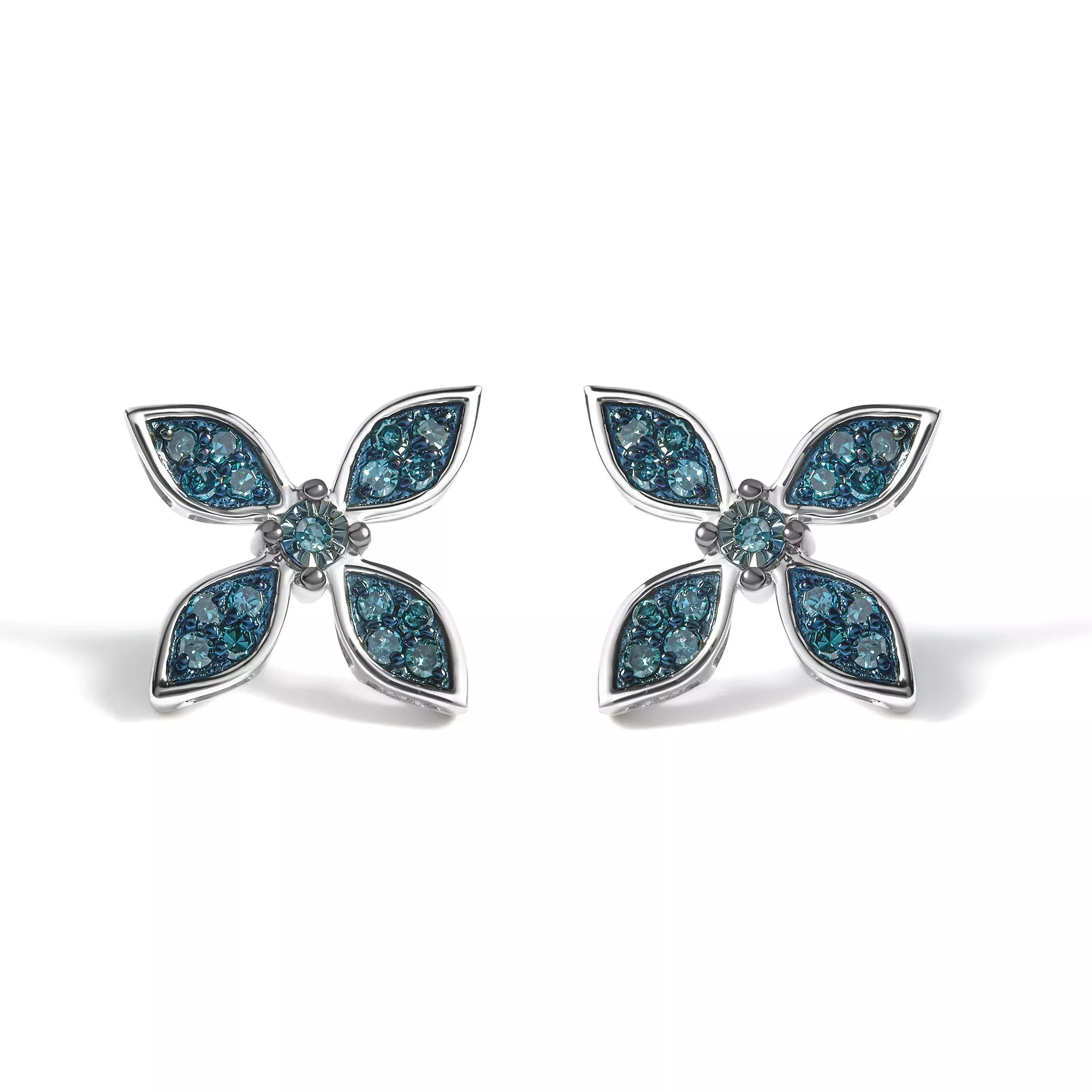 .925 Sterling Silver 1/3 Cttw Blue Diamond Floral Earrings