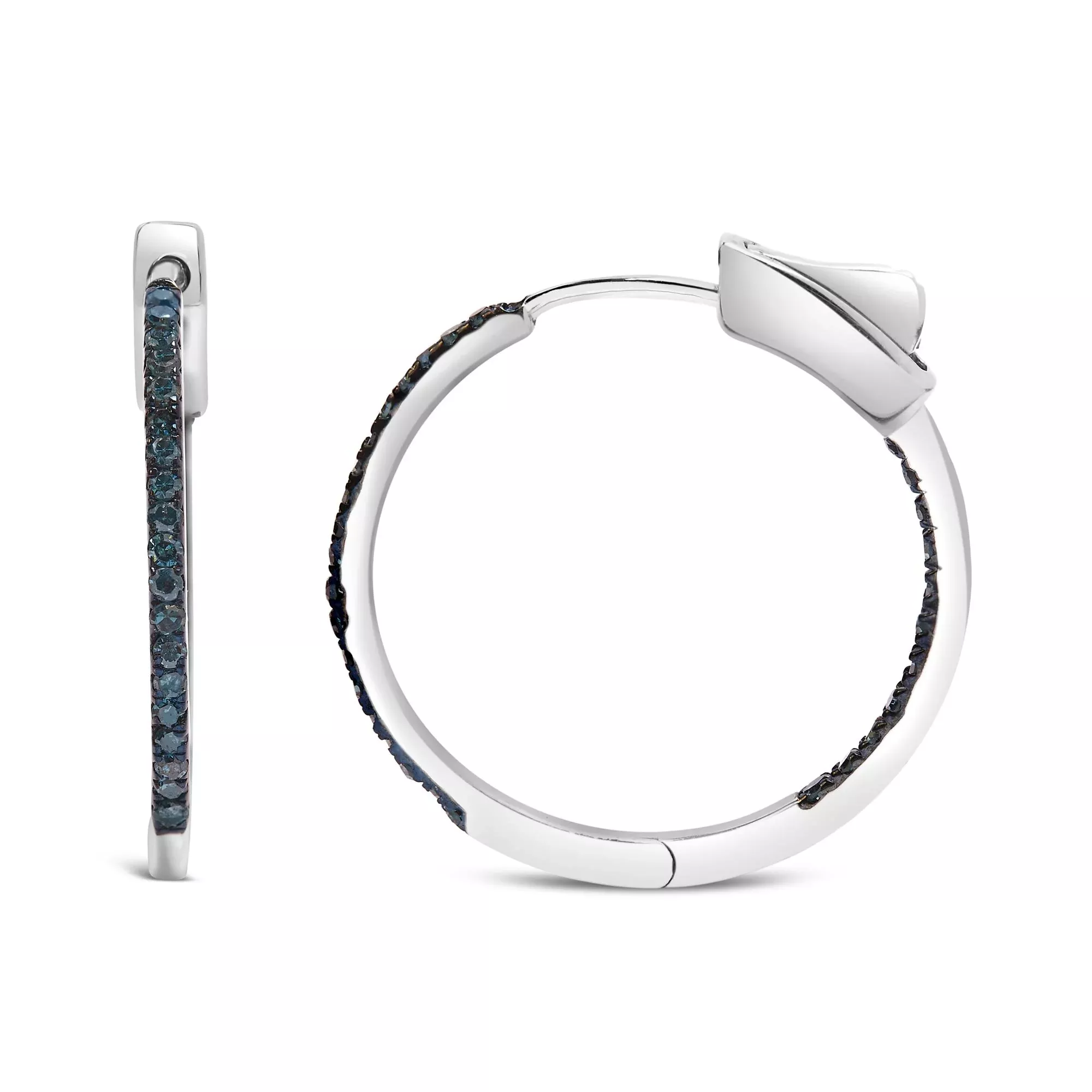 .925 Sterling Silver 1/3 Cttw Inside Out Blue Treated Diamond 1MM Wide Hoop Earrings (Blue Color, I2-I3 Clarity)